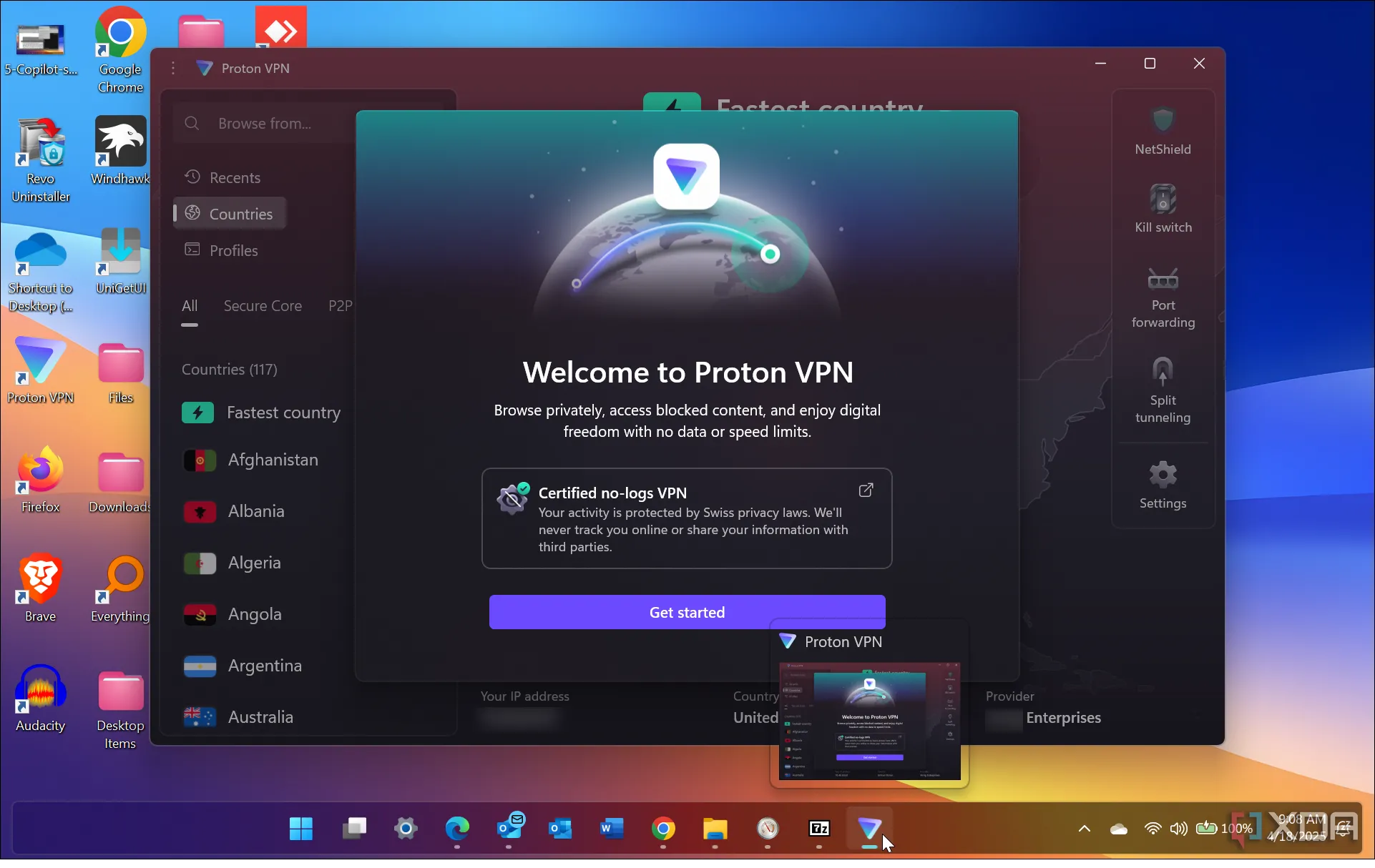 Màn hình khởi động Proton VPN với thông báo &quot;Không ghi nhật ký&quot;