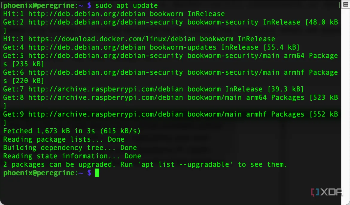Màn hình Terminal Raspberry Pi hiển thị kết quả lệnh sudo apt update để cập nhật gói phần mềm