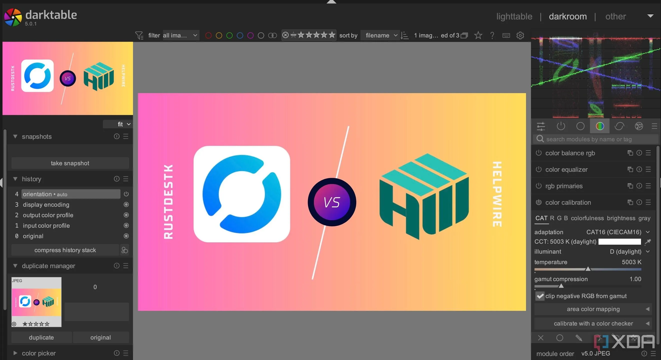 Menu chỉnh sửa và tùy chọn của Darktable