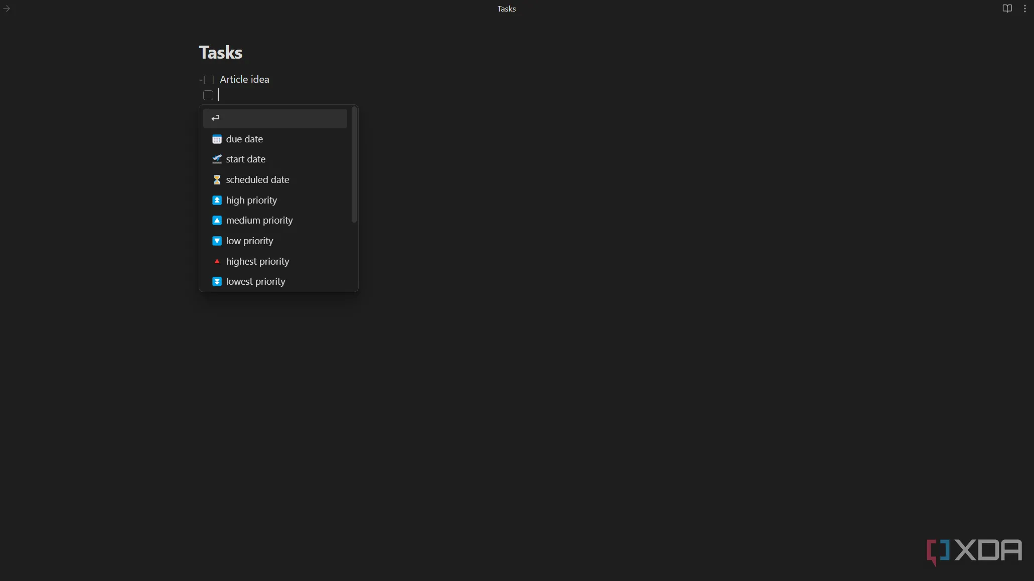 Menu thả xuống của plugin Tasks trong Obsidian hiển thị các tùy chọn tạo tác vụ và thiết lập ưu tiên