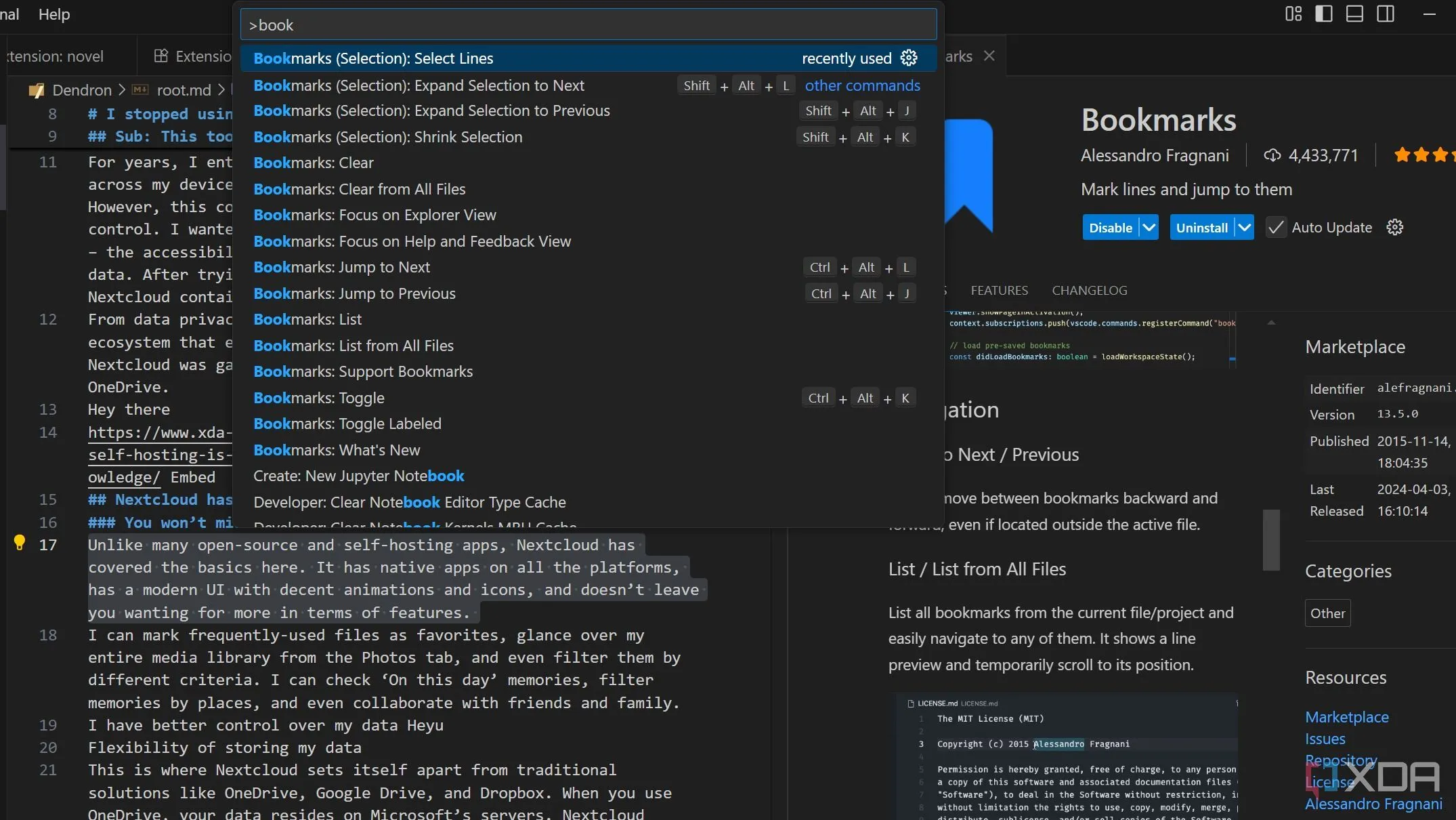 Minh họa tính năng Bookmarks trong VS Code, giúp đánh dấu và điều hướng nhanh các đoạn văn quan trọng.