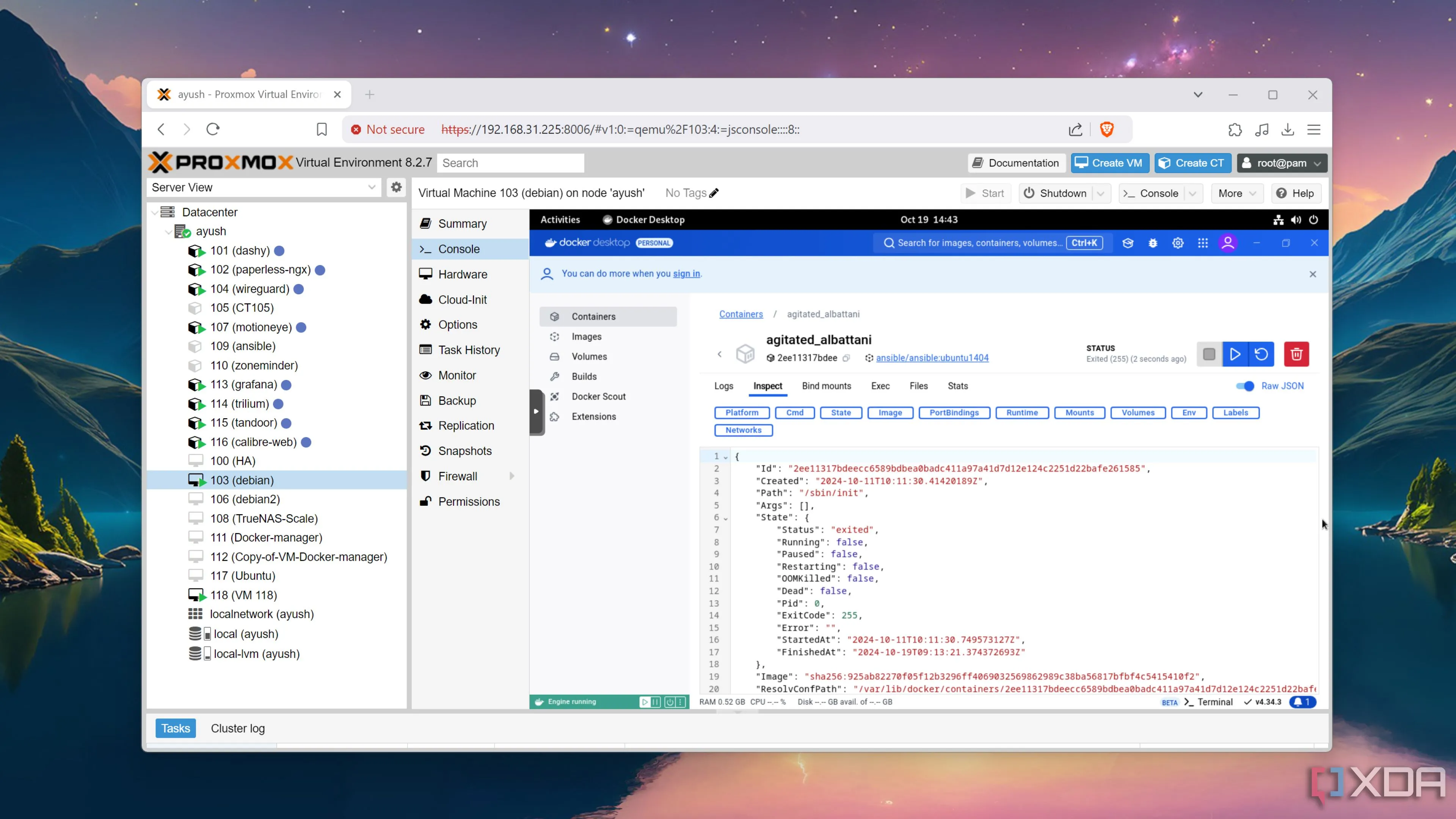 Môi trường Docker Desktop đang chạy bên trong máy ảo Debian trên máy chủ Proxmox, minh họa khả năng tương thích của Docker