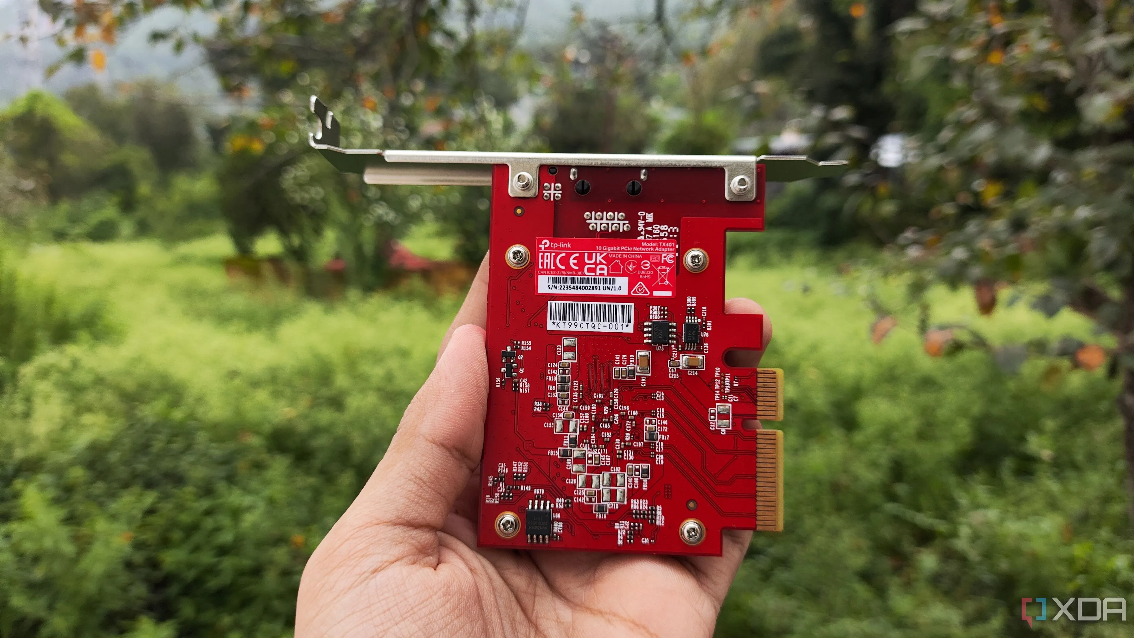 Một người dùng đang cầm card mạng TP-Link 10 Gigabit TX-401