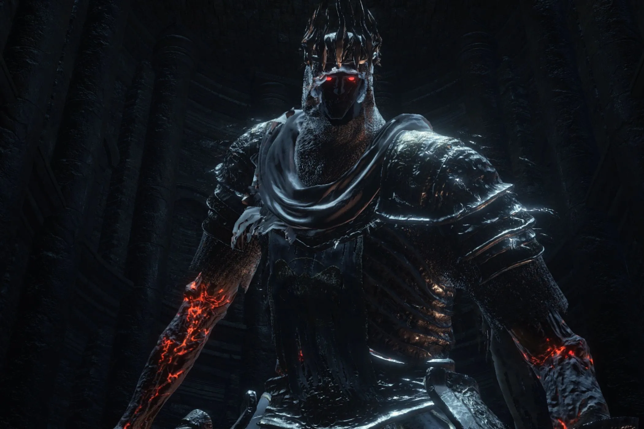 Người Khổng Lồ Yhorm (Yhorm the Giant) sừng sững trong đống đổ nát của Dark Souls 3.