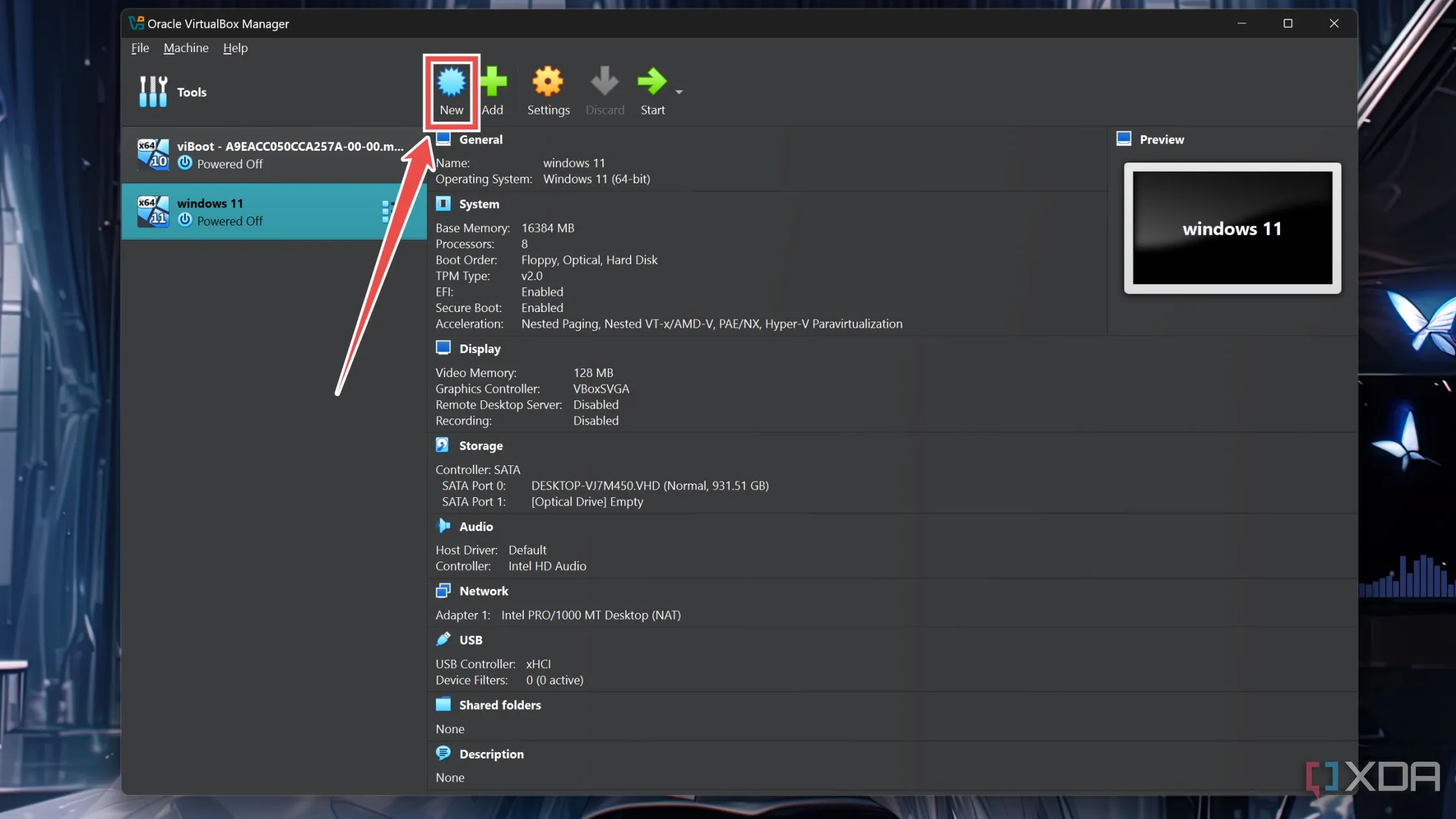 Nhấn nút New trong giao diện VirtualBox để khởi tạo máy ảo Windows mới