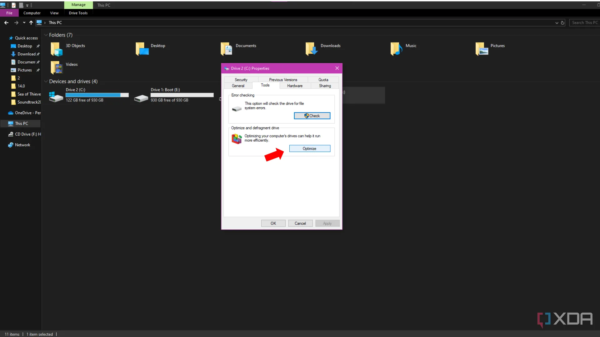 Nút &quot;Optimize&quot; (Tối ưu hóa) trong cài đặt ổ đĩa của Windows, cho thấy hệ điều hành tự động quản lý chống phân mảnh ổ cứng.