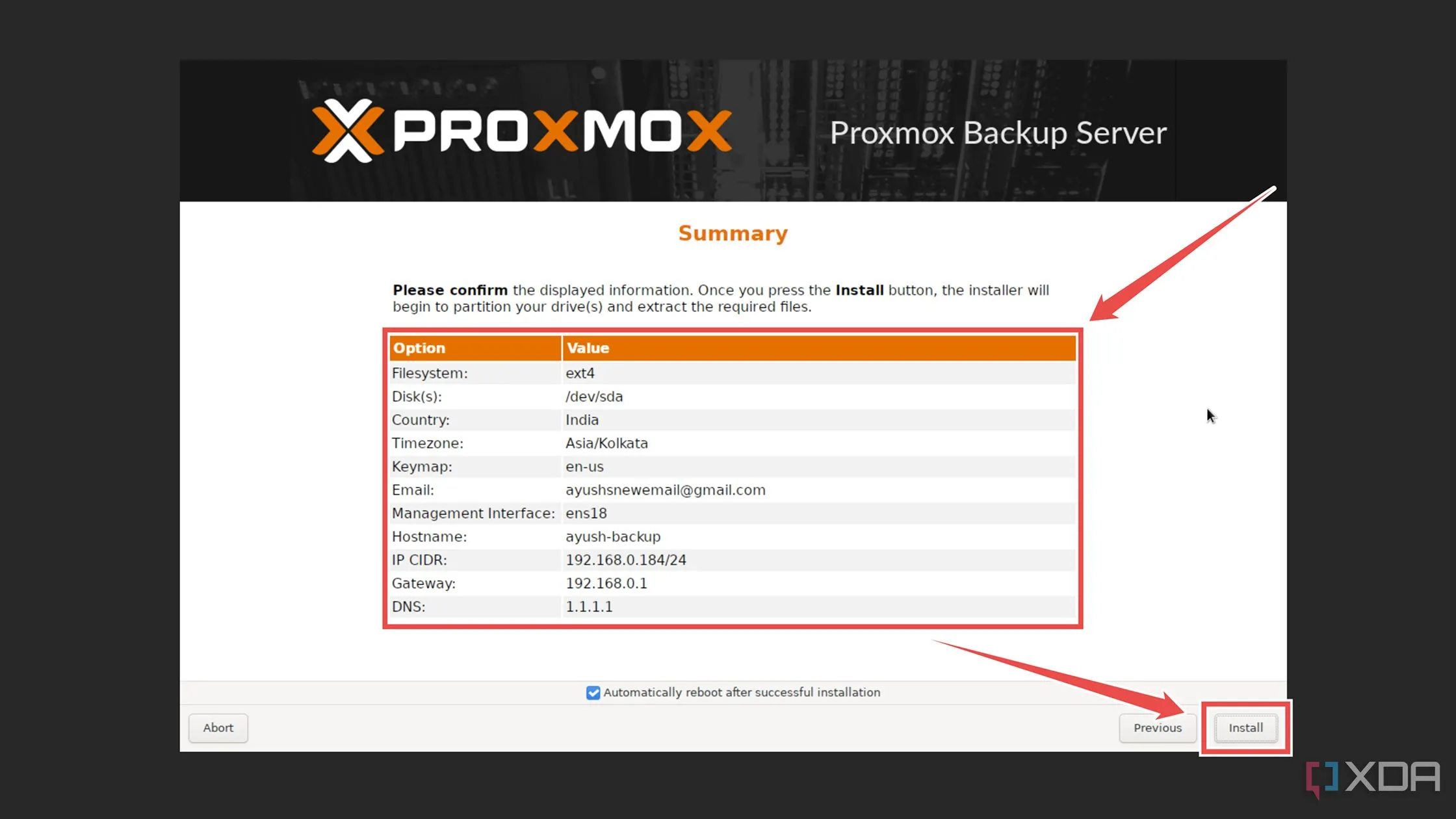 Quá trình cài đặt hệ điều hành Proxmox Backup Server đang diễn ra.