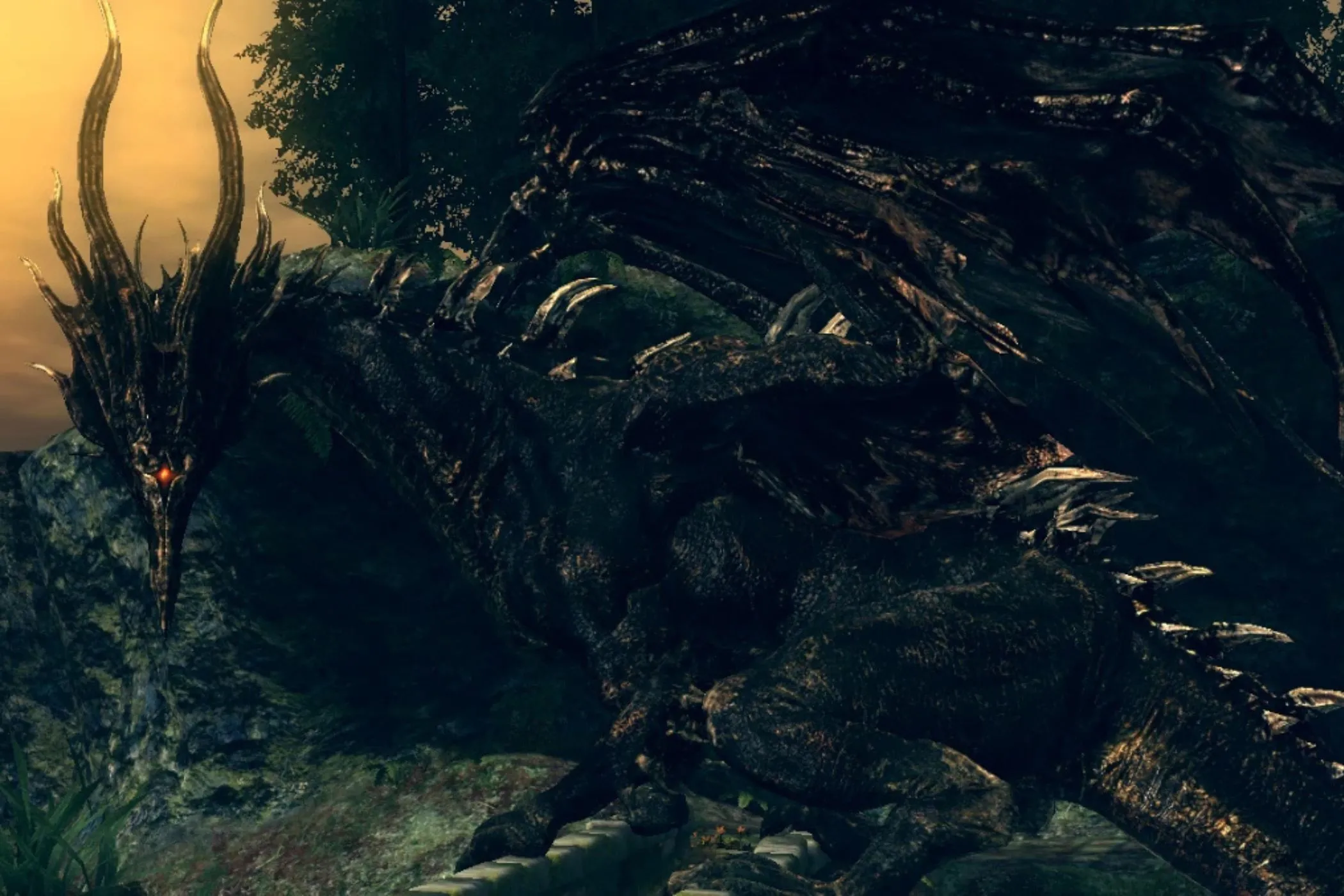 Rồng Đen Kalameet (Black Dragon Kalameet) với ánh mắt hung tợn trong bản DLC Artorias of the Abyss của Dark Souls.