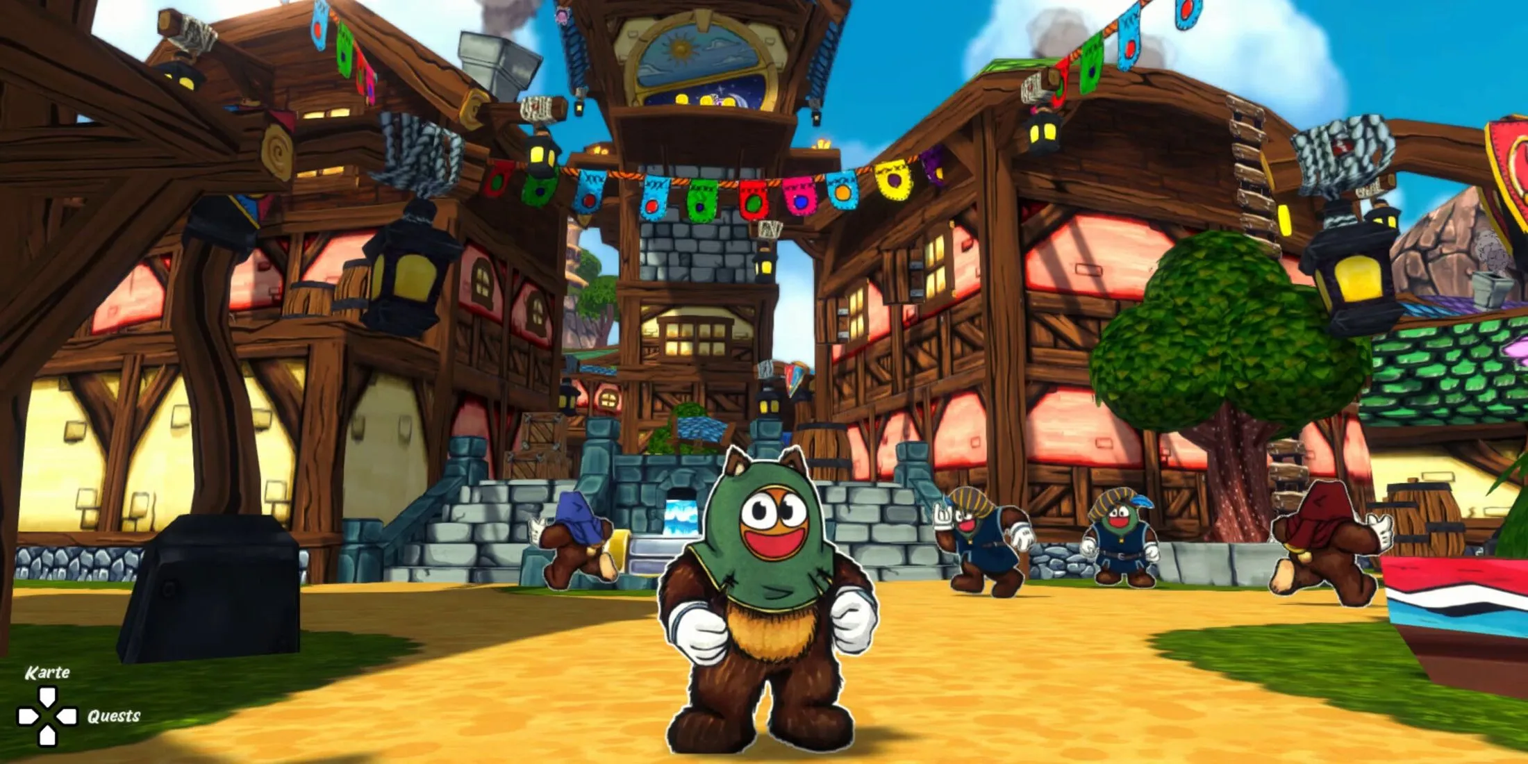 Ruffy, nhân vật chính của game, đứng trước thị trấn đầy màu sắc với Pip chú ong đồng hành