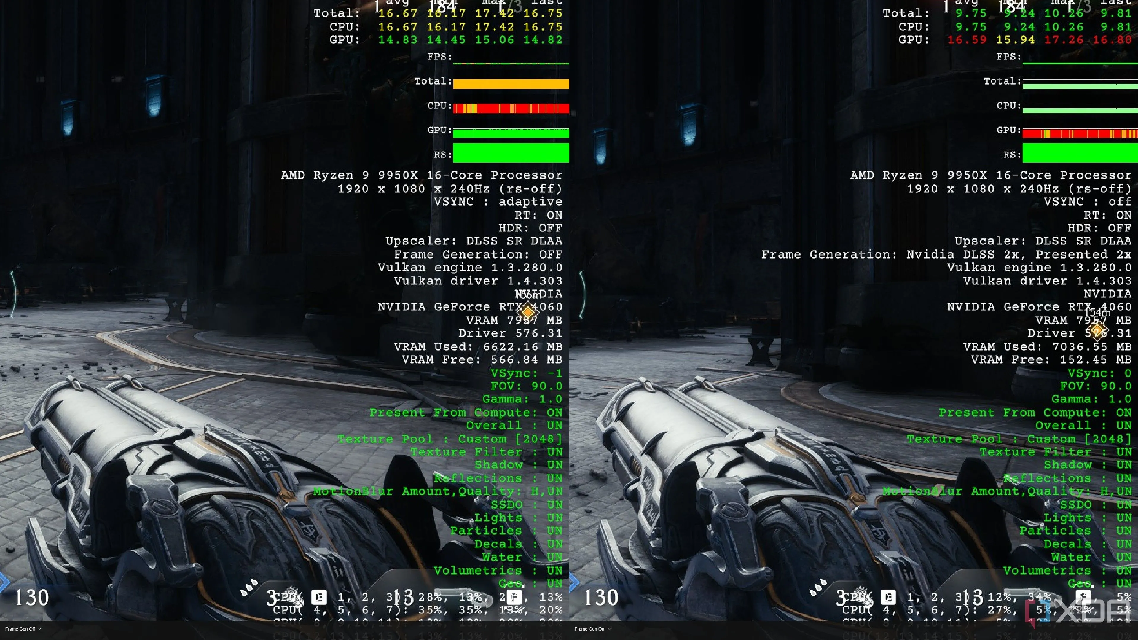 So sánh hiệu năng và mức tiêu thụ VRAM khi bật/tắt Frame Generation trong Doom The Dark Ages trên RTX 4060