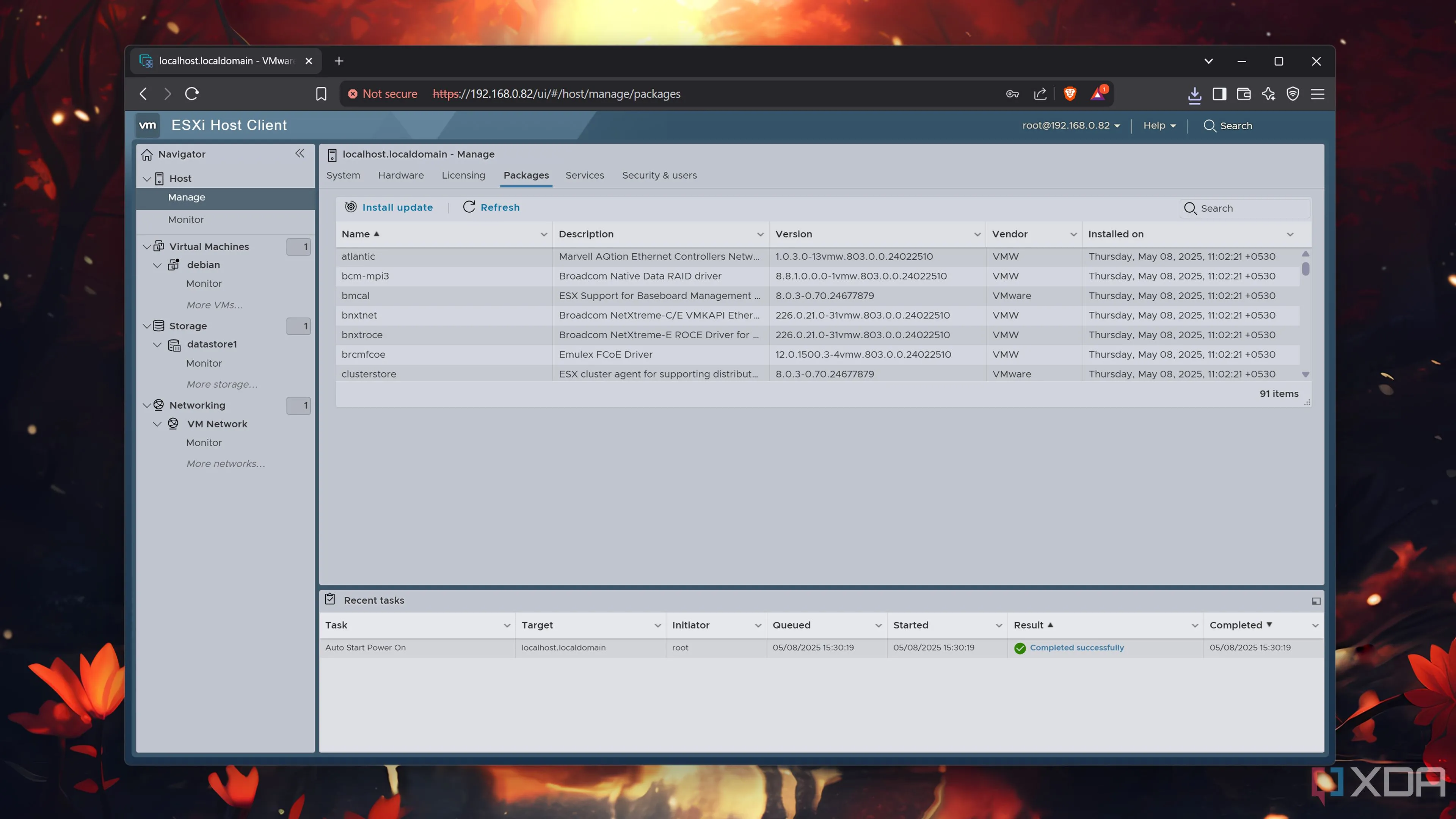 Tab &quot;Packages&quot; hiển thị các gói cài đặt trong giao diện ESXi