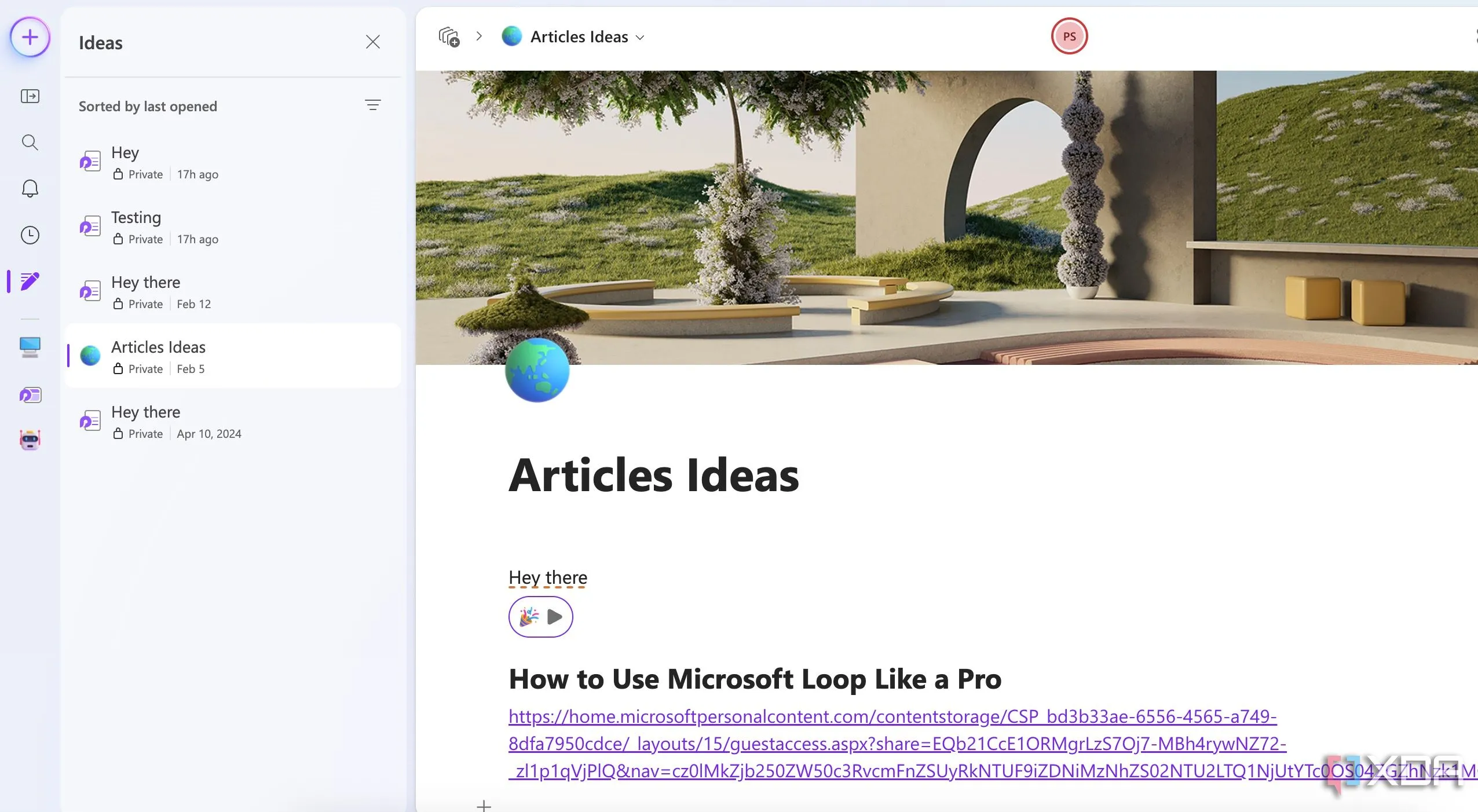 Thẻ Ideas trong Microsoft Loop hiển thị các ghi chú nhanh, chưa được sắp xếp.