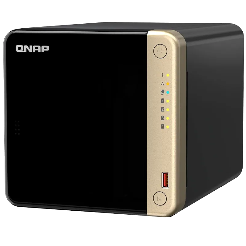 Thiết bị NAS QNAP TS-464 với bốn khay ổ đĩa, nhìn từ mặt trước.