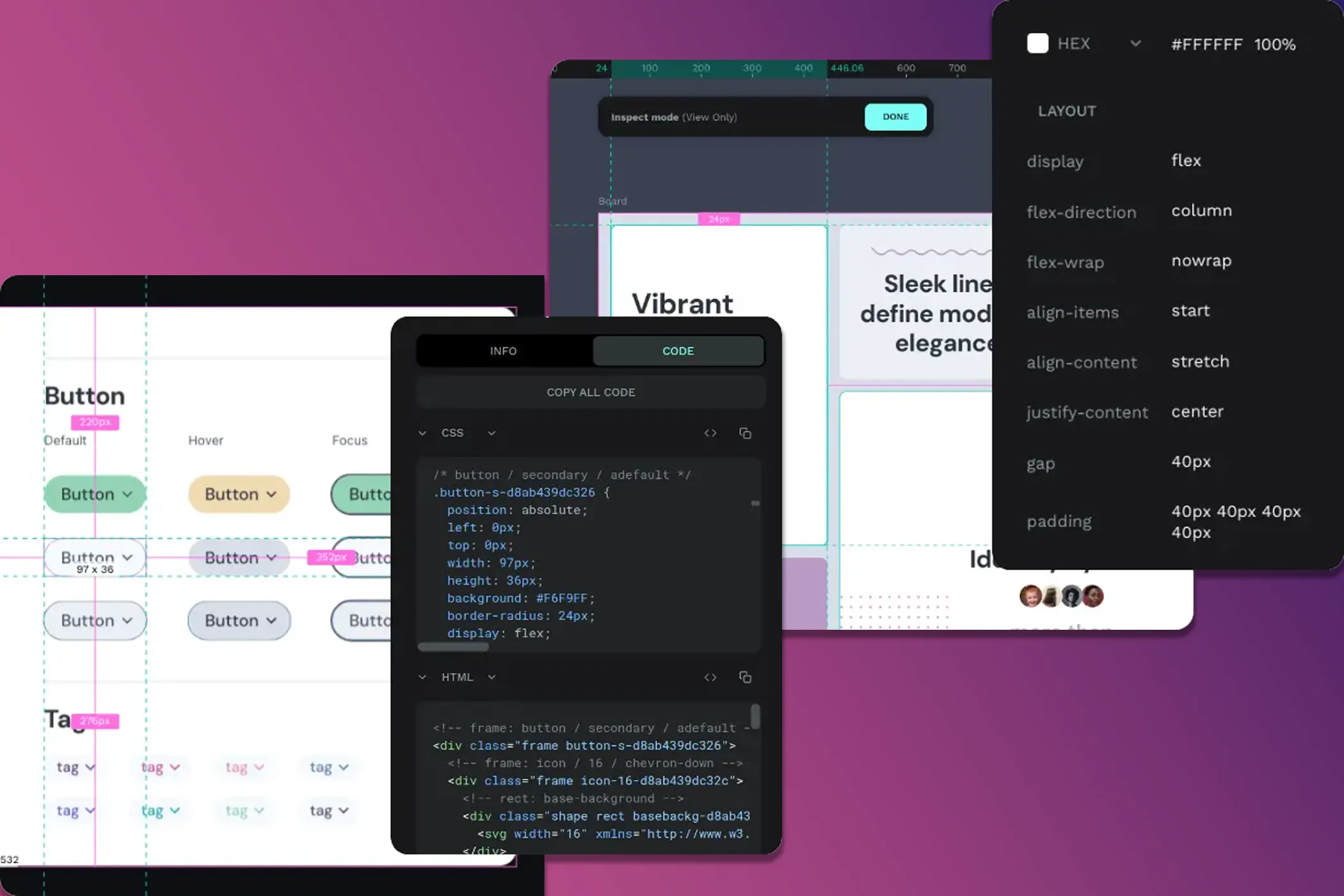 Thiết kế Penpot hiển thị mã HTML và CSS tự động được tạo ra, tối ưu quy trình bàn giao cho nhà phát triển.