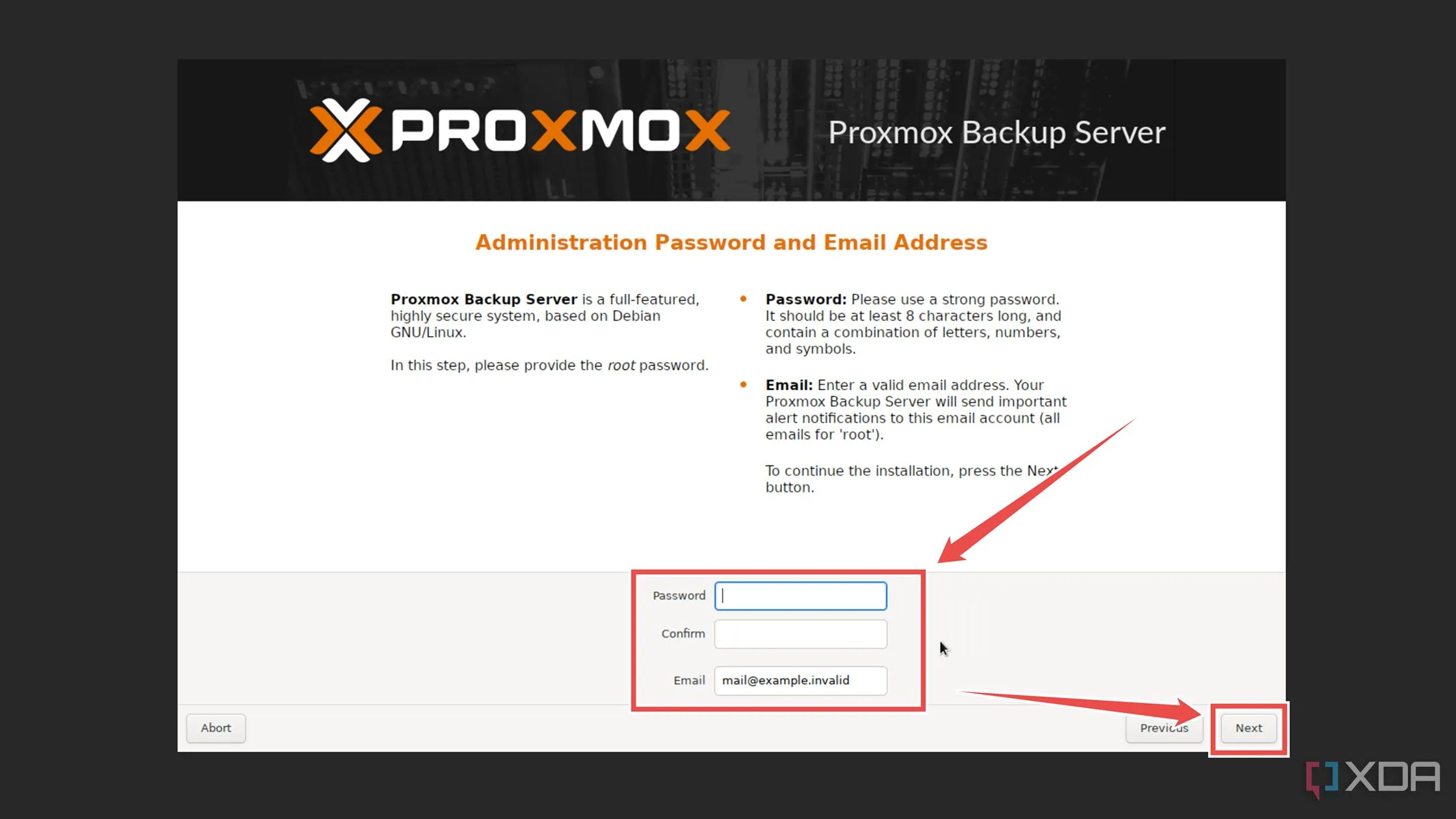 Thiết lập mật khẩu và địa chỉ email cho tài khoản quản trị root của Proxmox Backup Server.