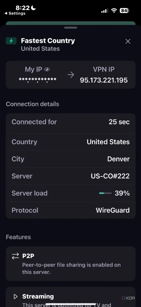 Thống kê kết nối của Proton VPN hiển thị dữ liệu đã sử dụng