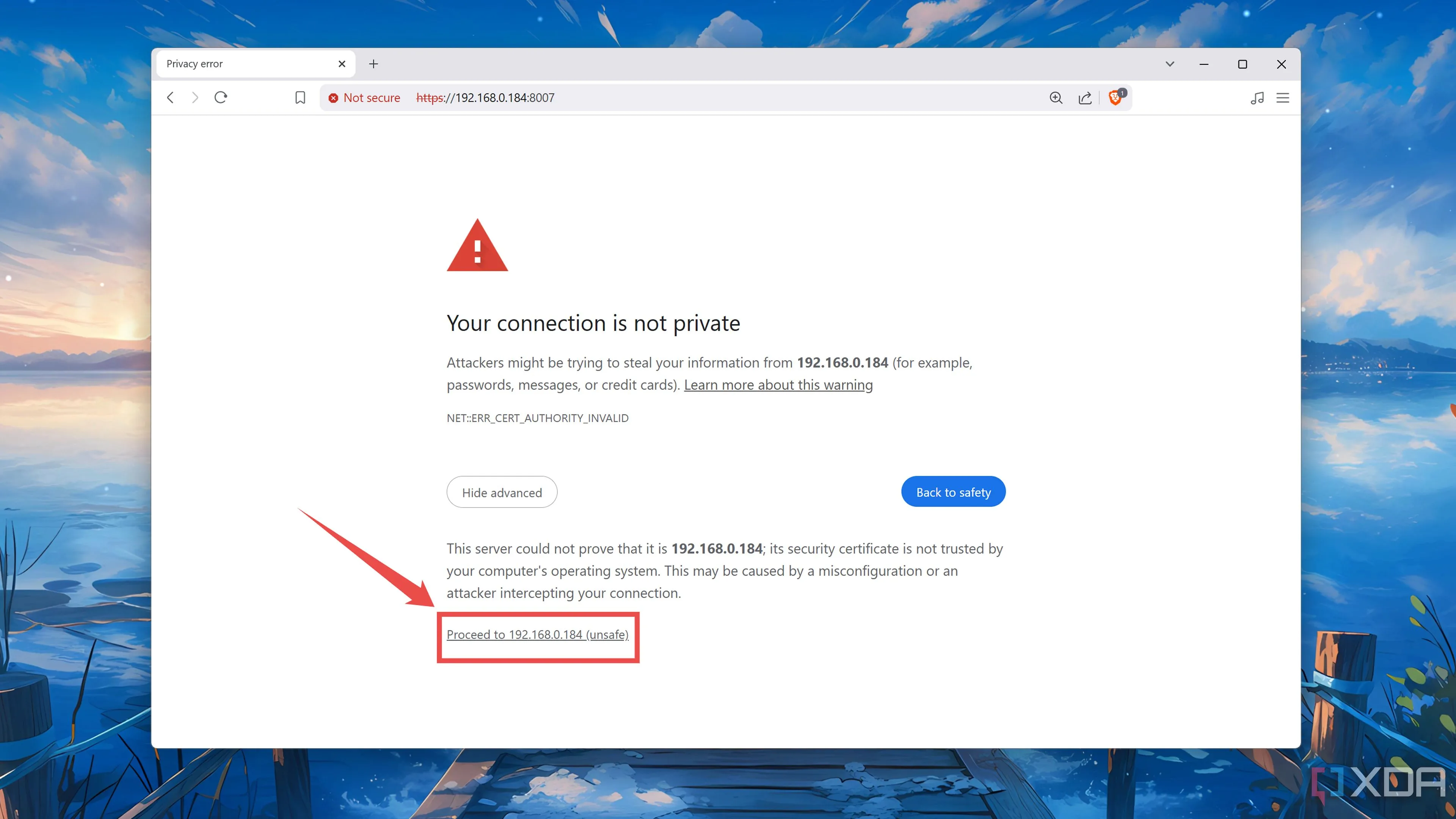 Tiếp tục truy cập giao diện web UI của Proxmox Backup Server dù có cảnh báo bảo mật SSL.