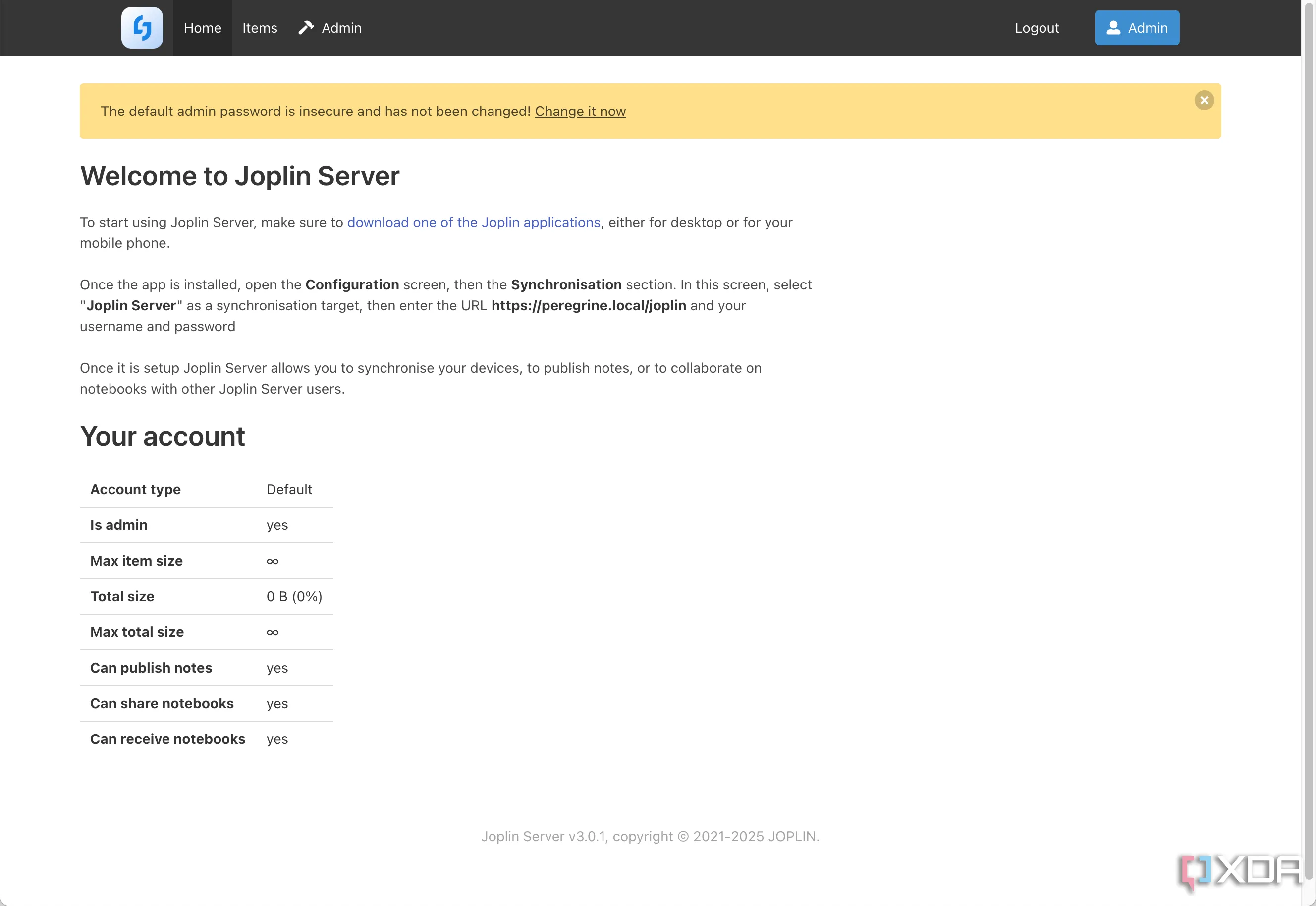 Trang đăng nhập Joplin Server qua giao diện web, xác nhận cài đặt thành công