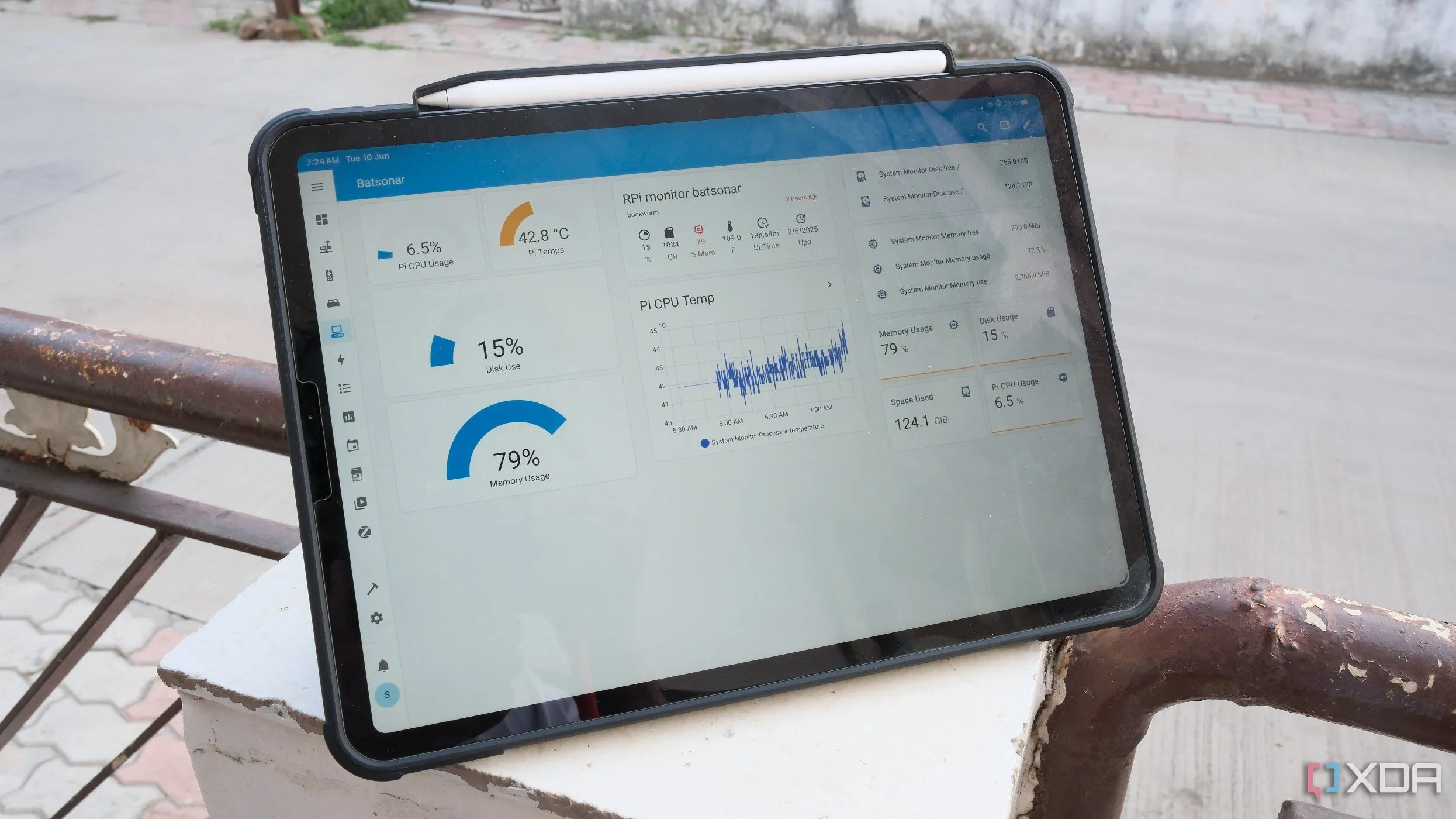 Ứng dụng Home Assistant trên máy tính bảng hiển thị biểu đồ và thông tin giám sát tình trạng hệ thống Raspberry Pi, nền tảng chạy Home Assistant
