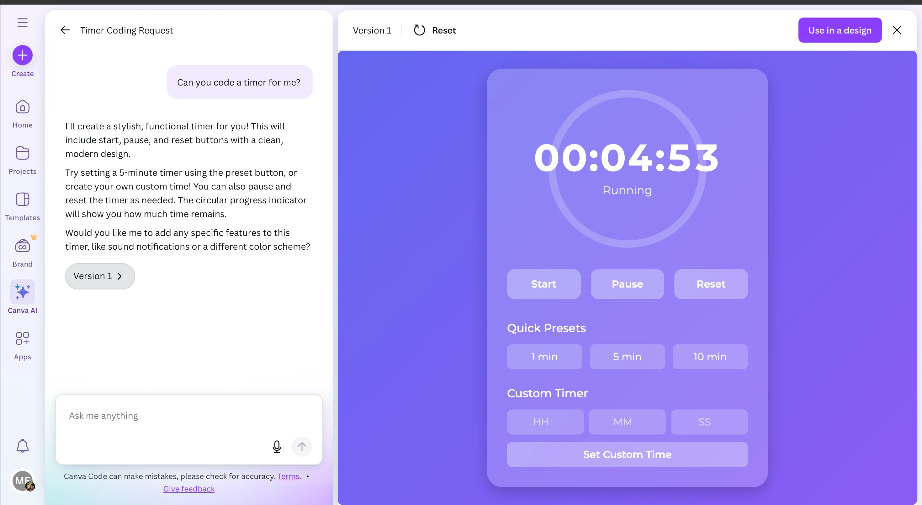 Ví dụ bộ đếm thời gian được tạo bởi Canva Code với nền màu tím