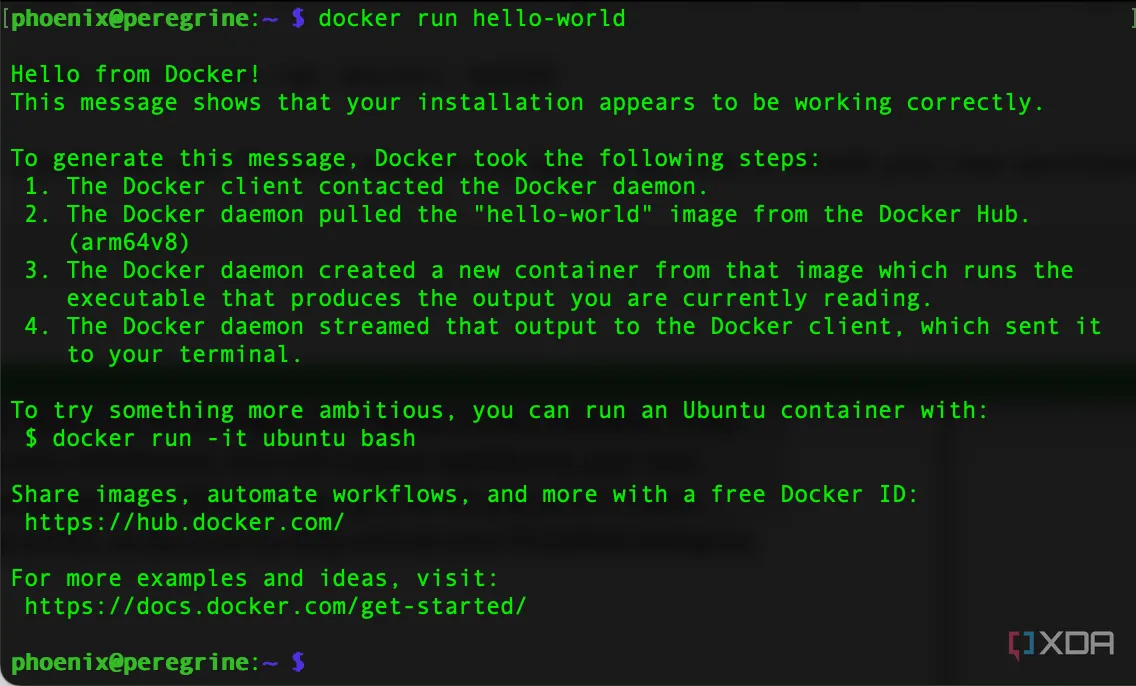 Xác nhận cài đặt Docker thành công trên Raspberry Pi với kết quả chạy lệnh hello-world trên Terminal