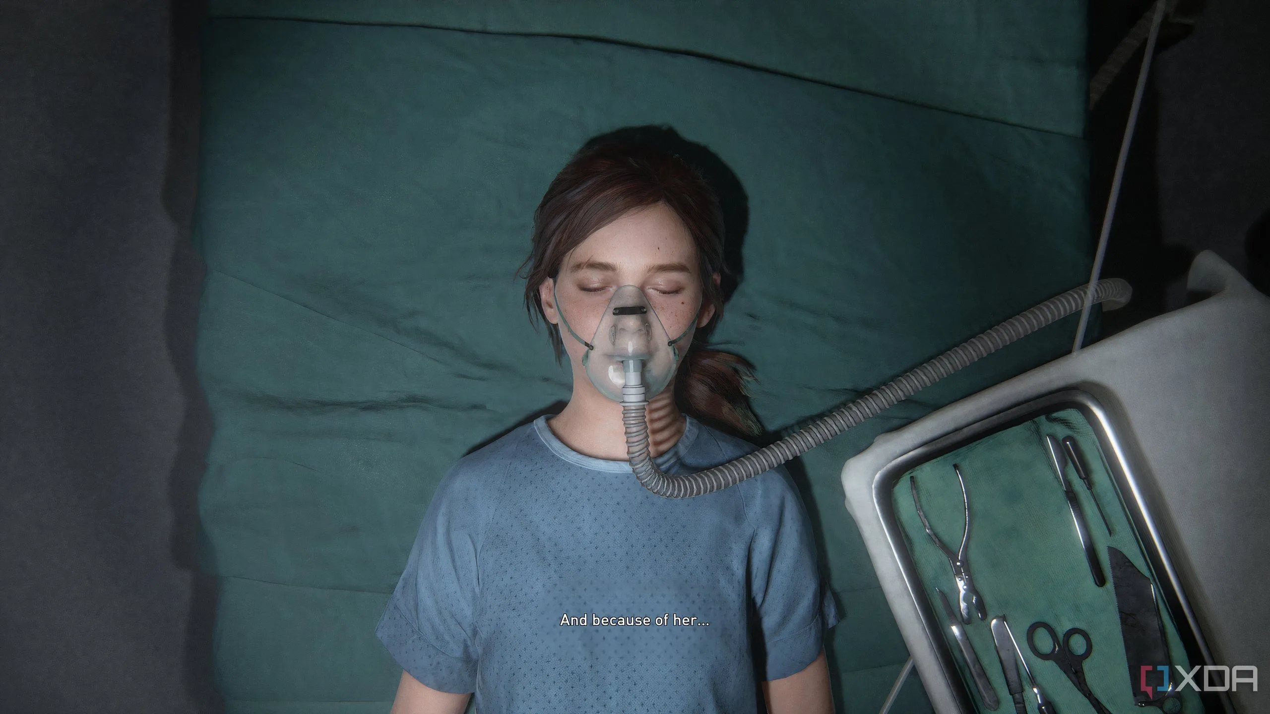 A screenshot from the game The Last of Us Part II Remastered on PC, showing a young Ellie sedated on an operating table.