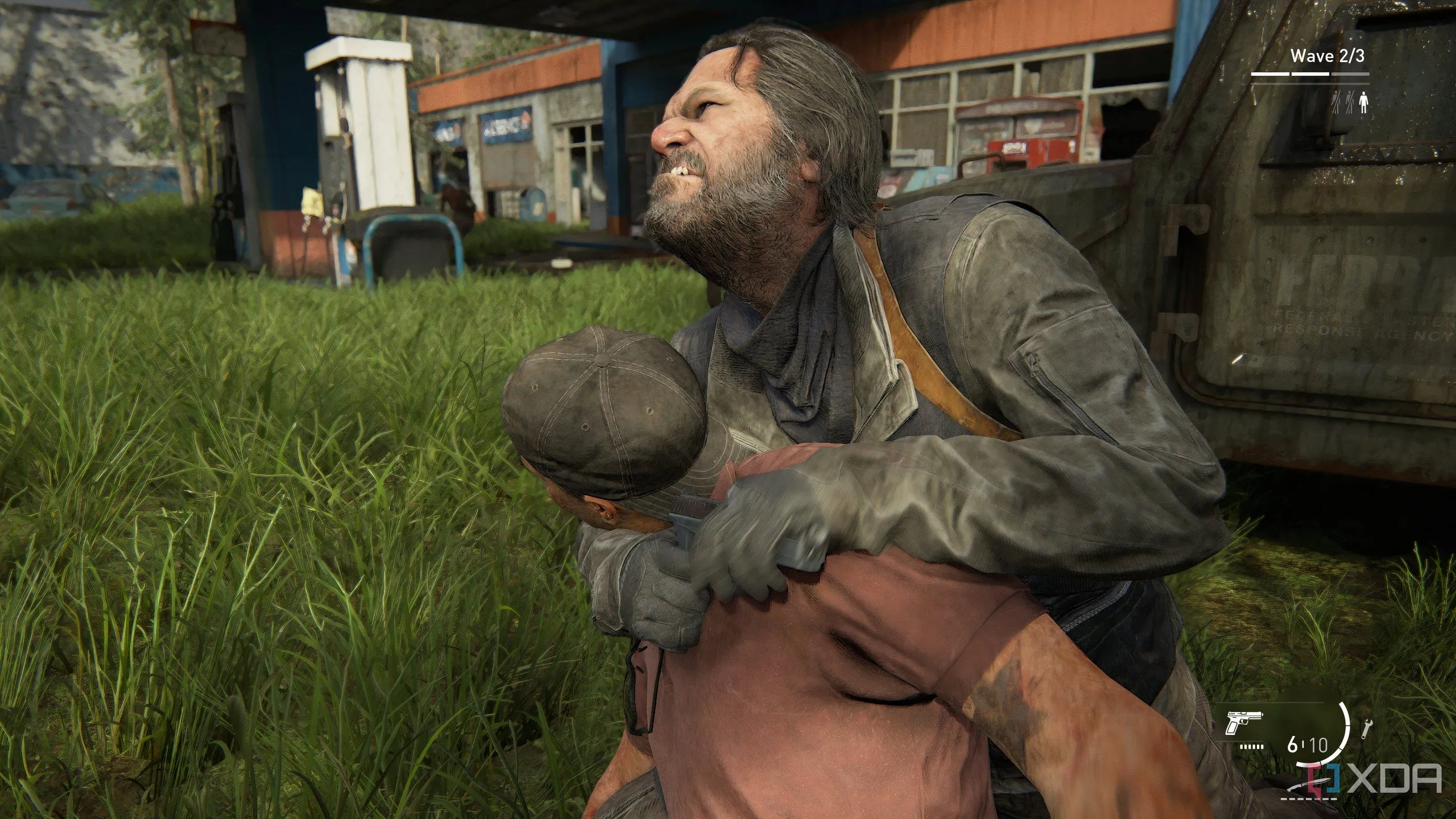 A screenshot from the game The Last of Us Part II Remastered on PC, showing Bill choking out an enemy.