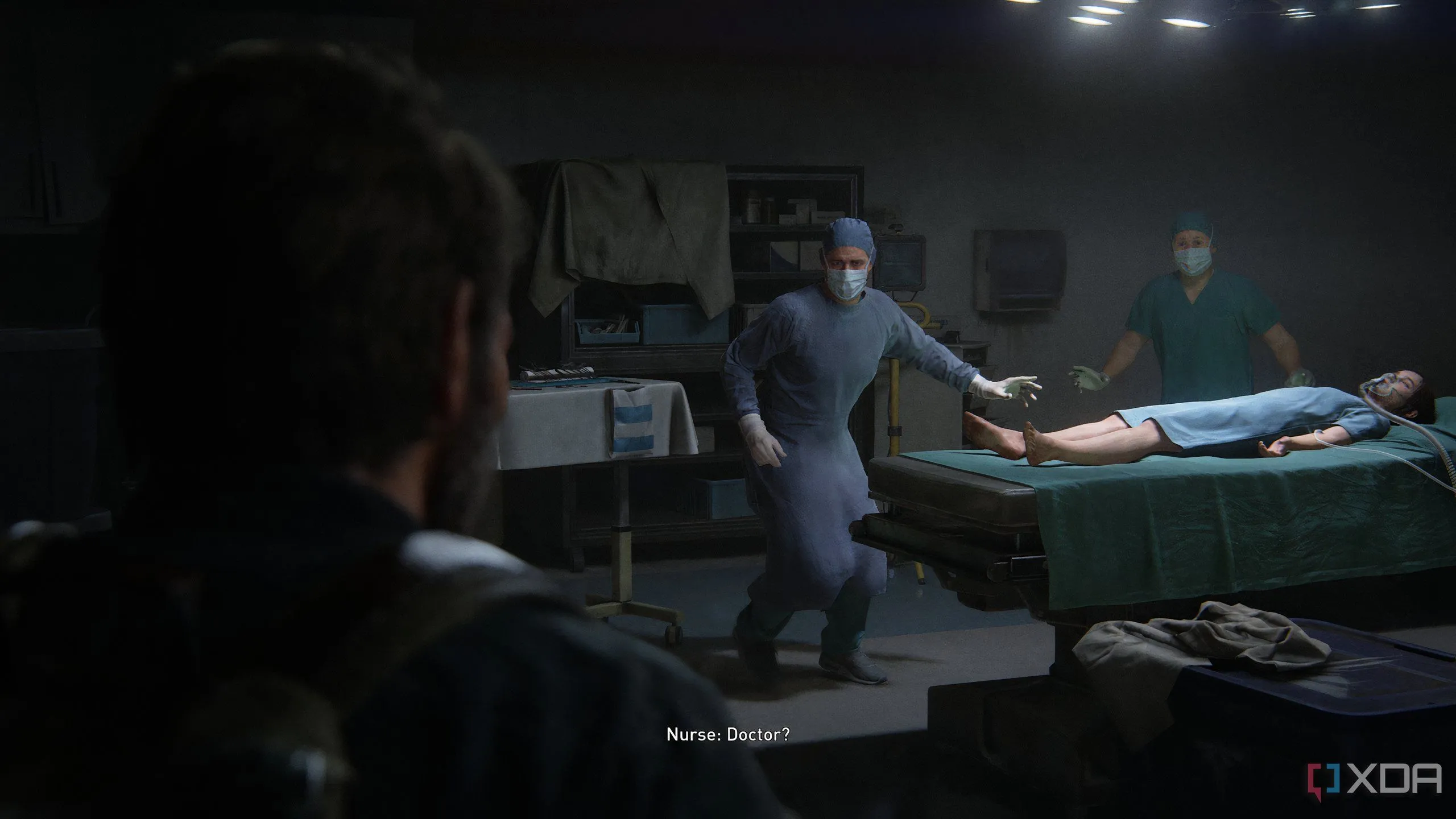 A screenshot from the game The Last of Us Part II Remastered on PC, showing two surgeons wearing scrubs while a young girl lies on the operating table.
