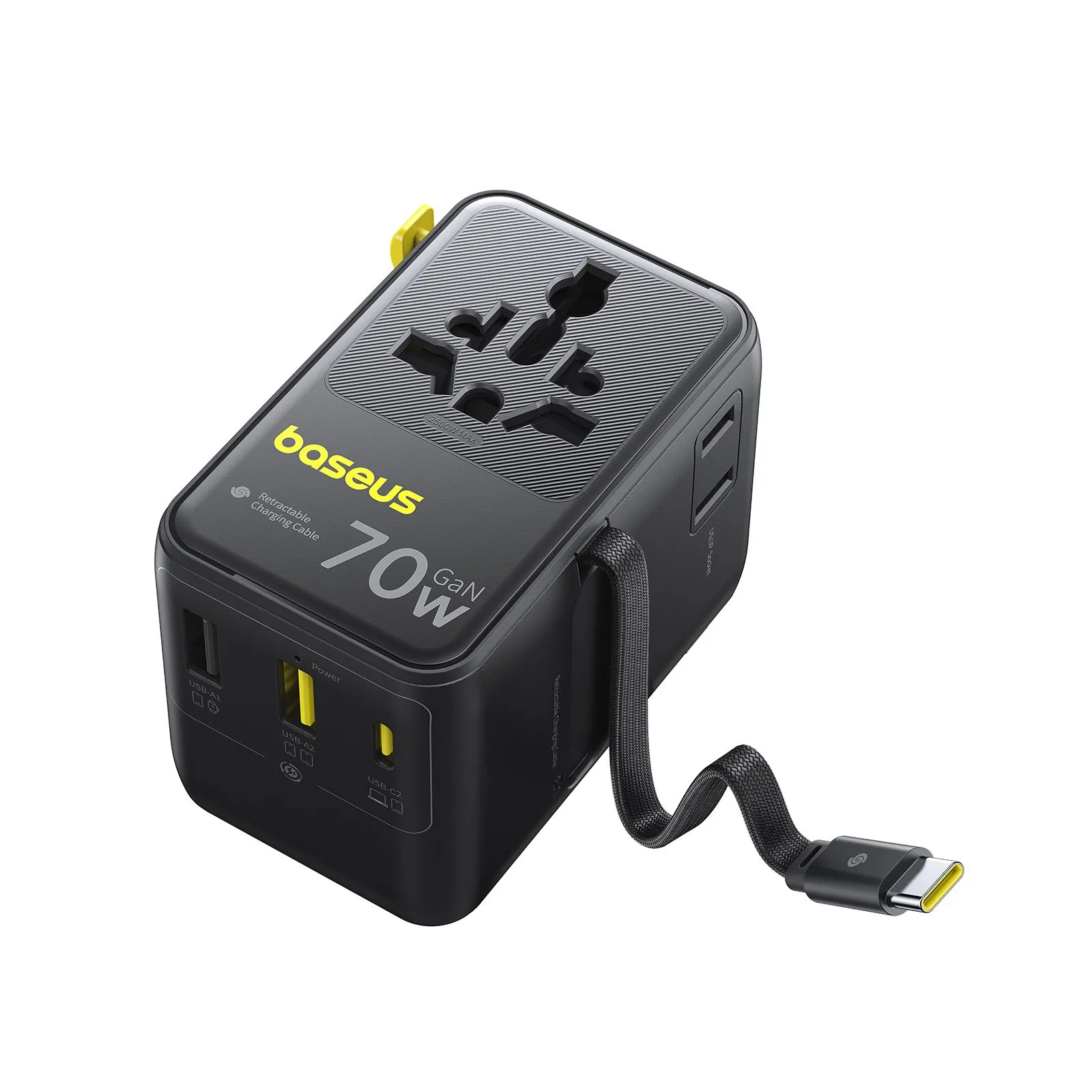 Adapter du lịch Baseus EnerCore 6-in-1 với các loại phích cắm quốc tế và cáp USB-C rút gọn