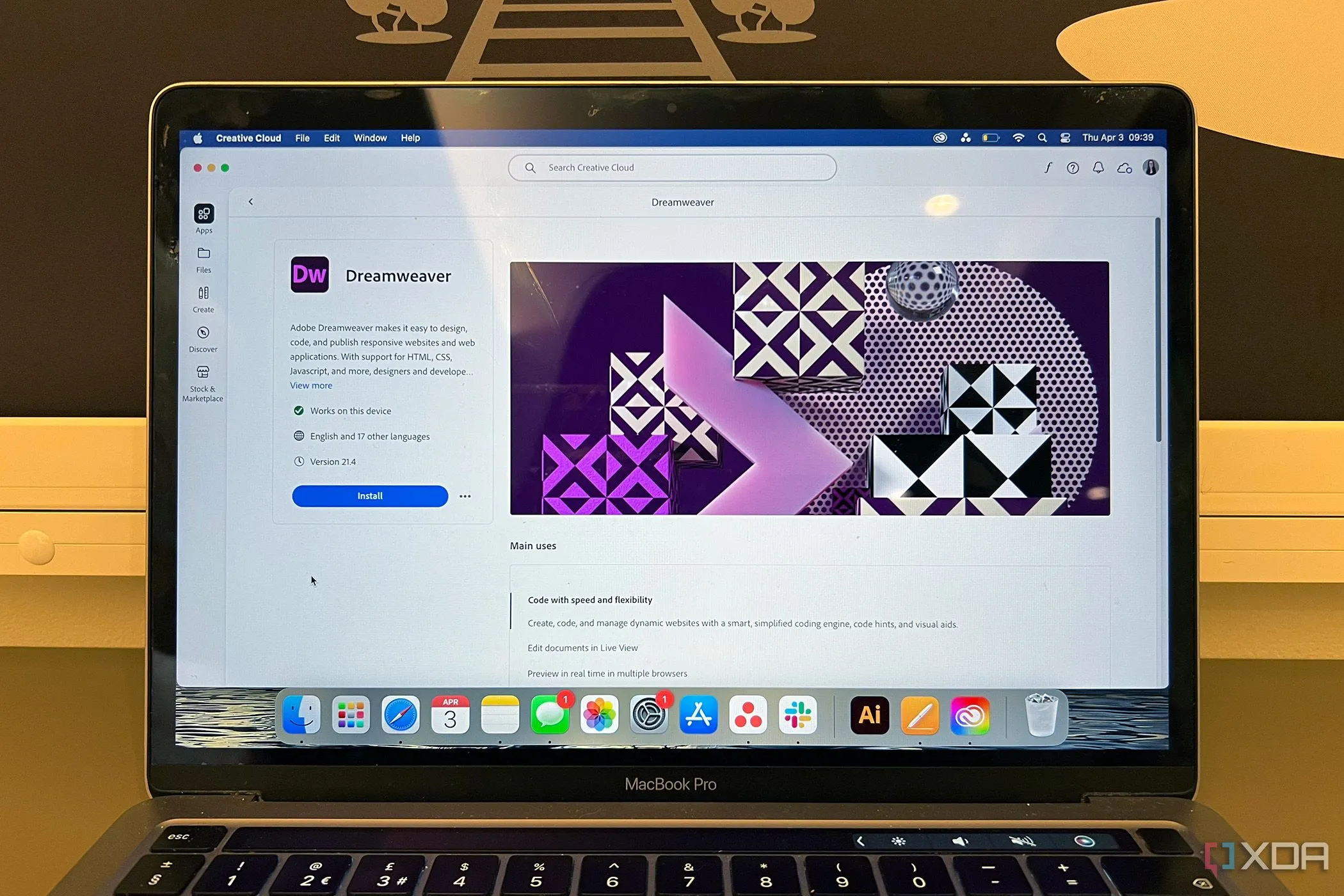 Adobe Dreamweaver install page on a MacBook