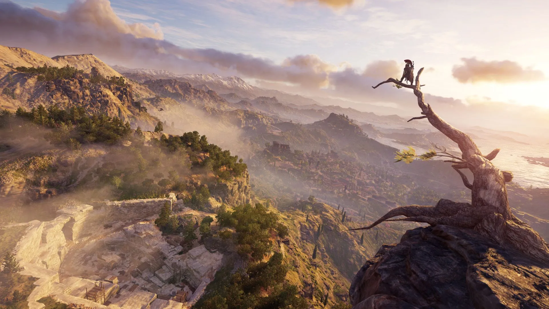 Alexios, nhân vật chính của Assassin's Creed Odyssey, ngắm nhìn phong cảnh tuyệt đẹp của Hy Lạp cổ đại từ cành cây
