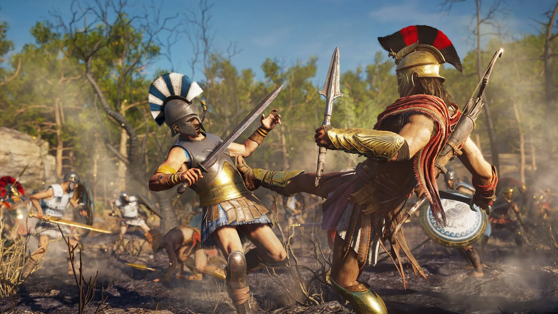 Alexios thực hiện cú đá Sparta kinh điển vào kẻ địch trong trận chiến của Assassin's Creed Odyssey