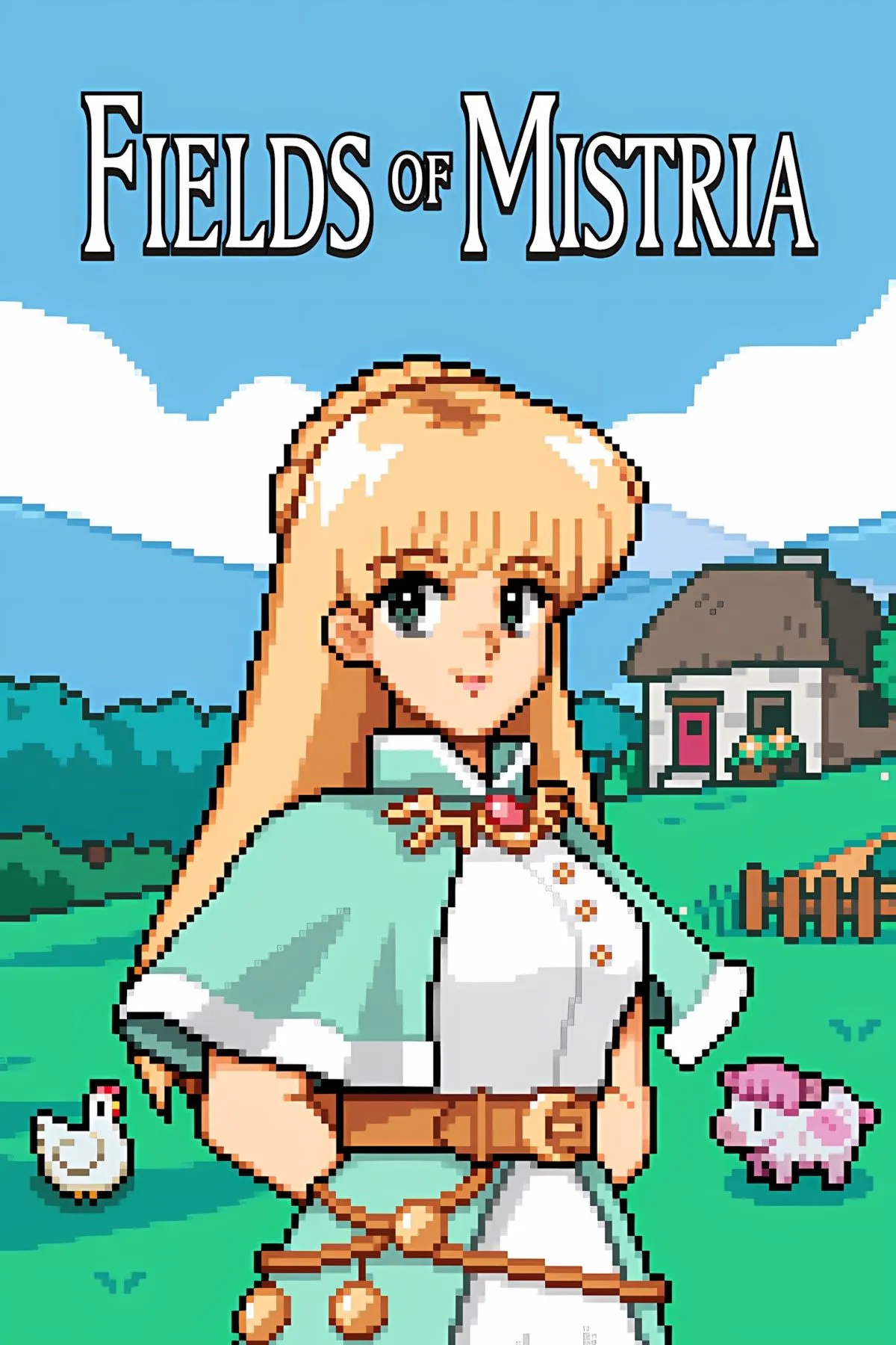 Ảnh bìa game Fields of Mistria với phong cách đồ họa dễ thương, một game mô phỏng nông trại Early Access
