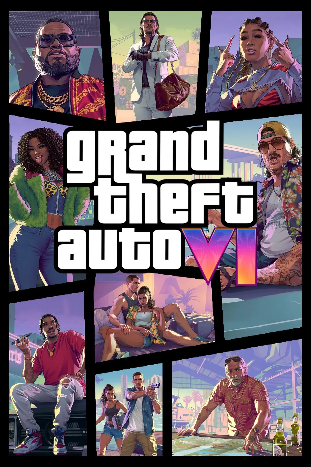 Ảnh bìa game Grand Theft Auto 6 với logo và bối cảnh thành phố Vice City sôi động