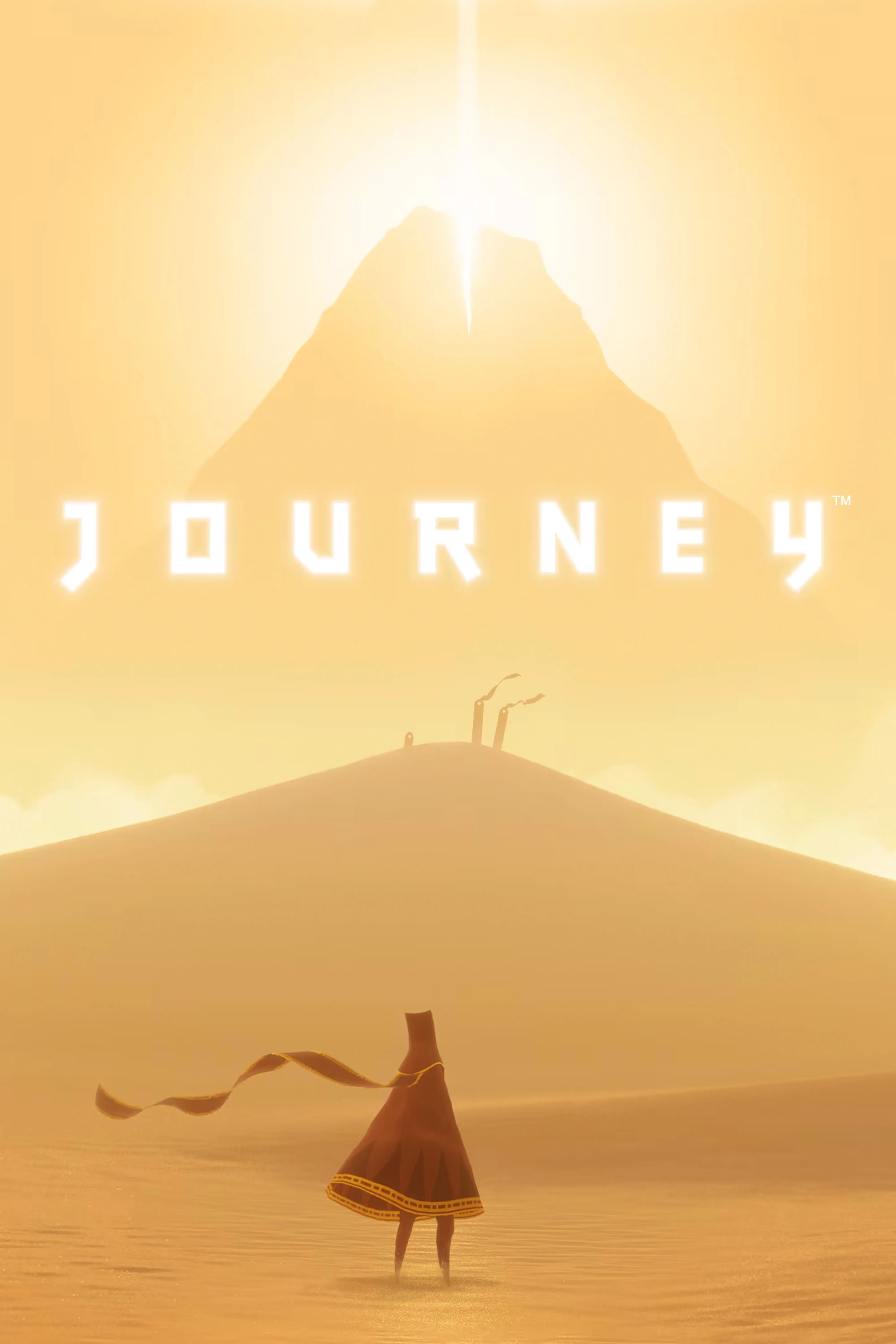 Ảnh bìa game Journey với hình ảnh hai nhân vật nhỏ bé trên nền sa mạc rộng lớn