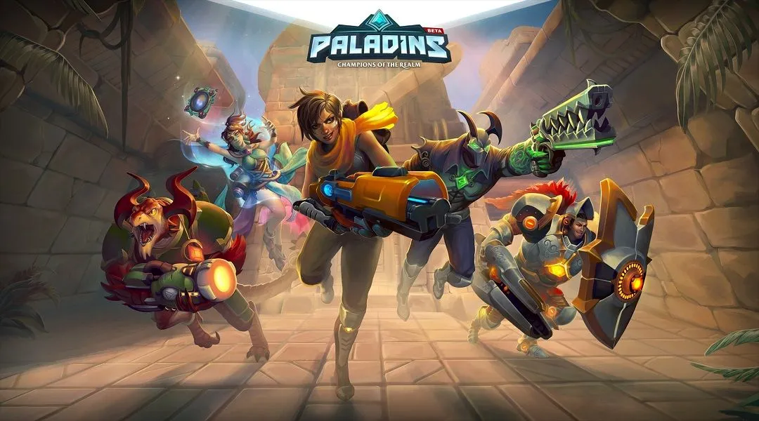 Ảnh bìa game Paladins: Champions of the Realm với các anh hùng đang chiến đấu