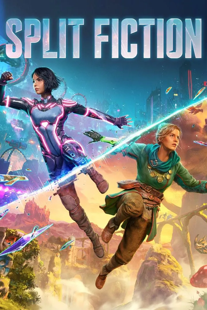 Ảnh bìa game Split Fiction với hai nhân vật chính trong bối cảnh kỳ ảo, thể hiện tính chất co-op