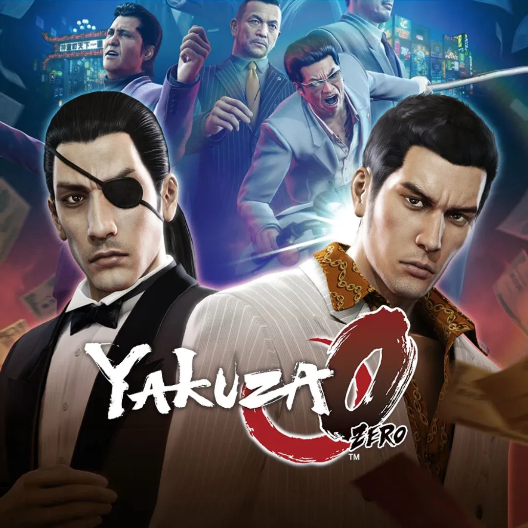 Ảnh bìa game Yakuza 0, với các nhân vật chính và bối cảnh Nhật Bản thập niên 80, nổi bật yếu tố hành động và cốt truyện.