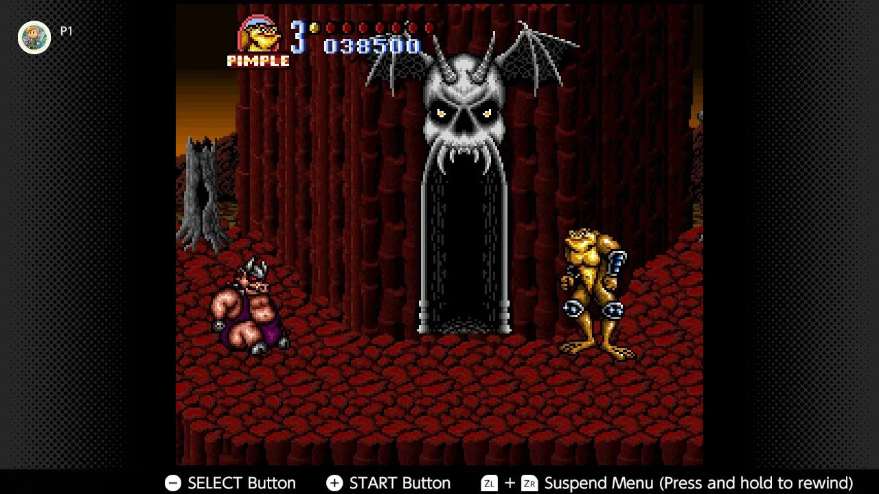 Ảnh chụp màn hình Battletoads in Battlemaniacs trên ứng dụng Nintendo Switch Online, tựa game beat 'em up hành động trên SNES