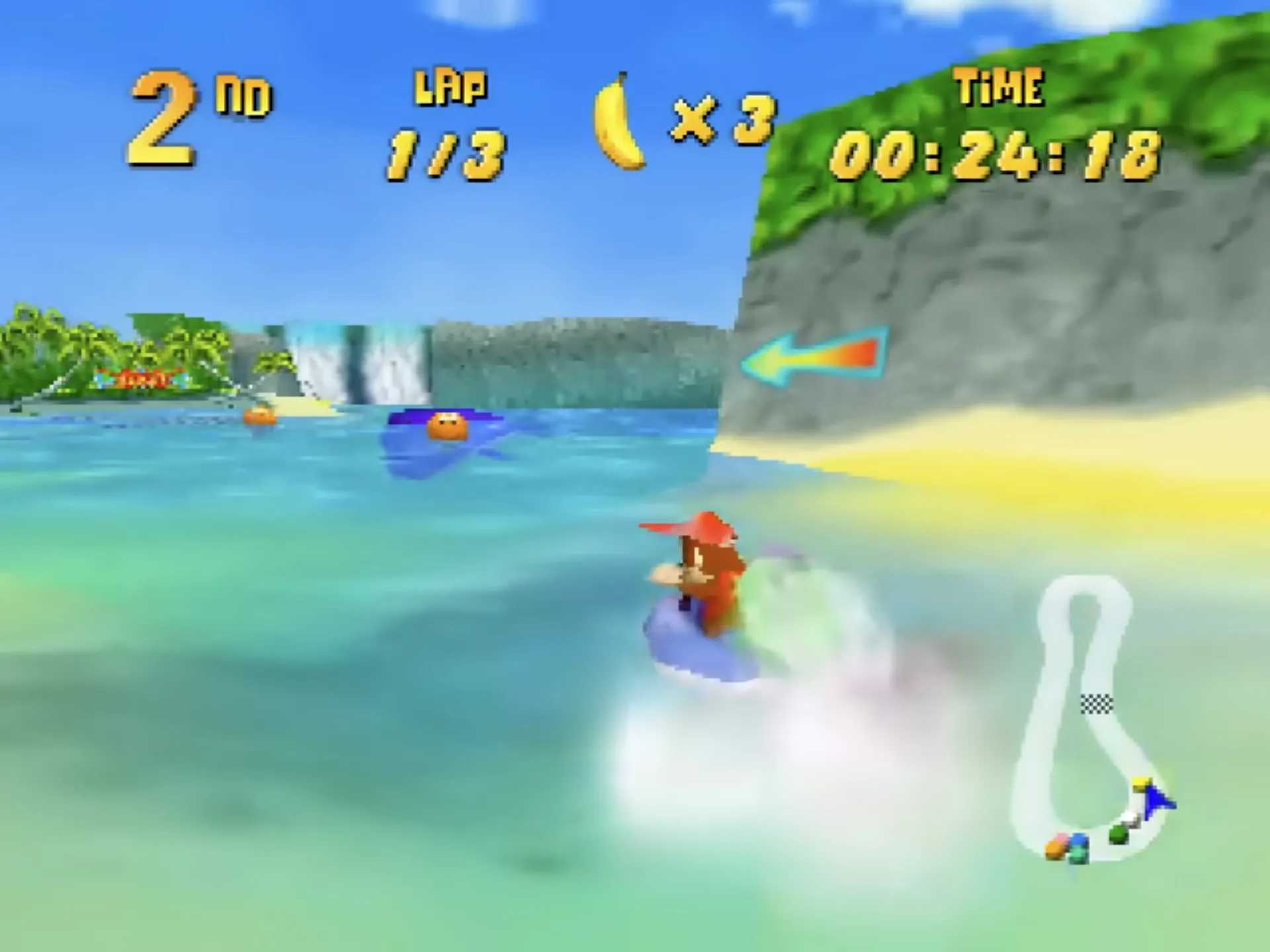 Ảnh chụp màn hình game đua xe Diddy Kong Racing với nhân vật 3D nổi bật