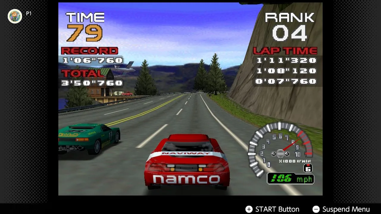 Ảnh chụp màn hình game đua xe Ridge Racer 64 với đồ họa ấn tượng trên Nintendo Switch
