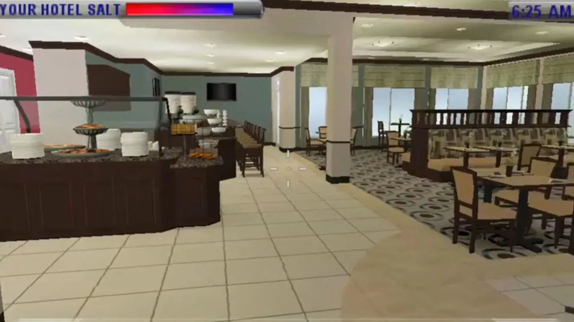 Ảnh chụp màn hình game The Hilton Family trên PSP, mô tả một nhân viên khách sạn đang thực hiện nhiệm vụ phục vụ tại quầy lễ tân, minh họa đồ họa 3D đơn giản