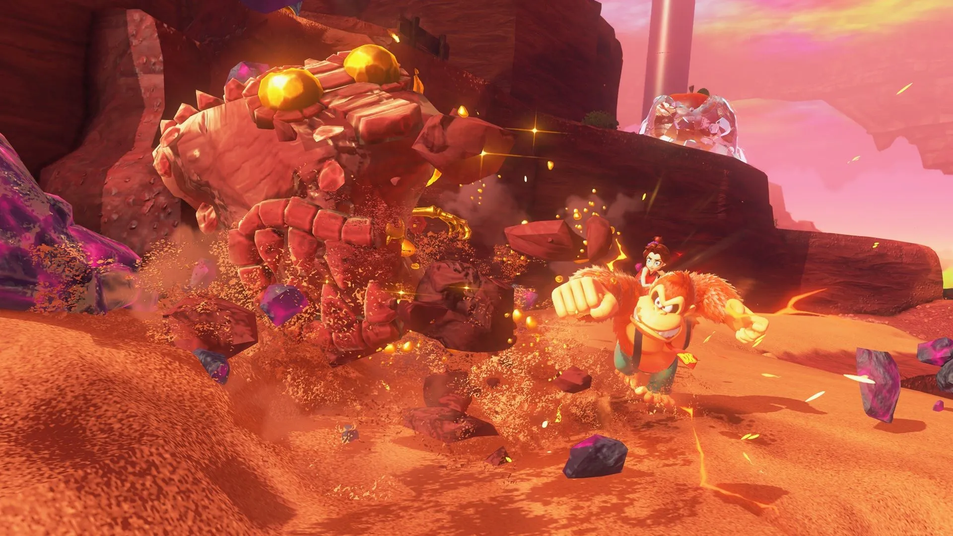 Ảnh chụp màn hình gameplay của Donkey Kong Bananza, thể hiện đồ họa và nhân vật Pauline trong tính năng co-op GameShare