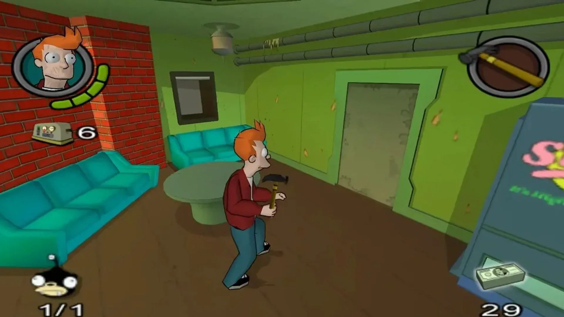 Ảnh chụp màn hình gameplay Futurama trên Xbox, với nhân vật Fry đang chiến đấu, minh họa lối chơi platforming và bắn súng hài hước của tựa game hoạt hình hiếm