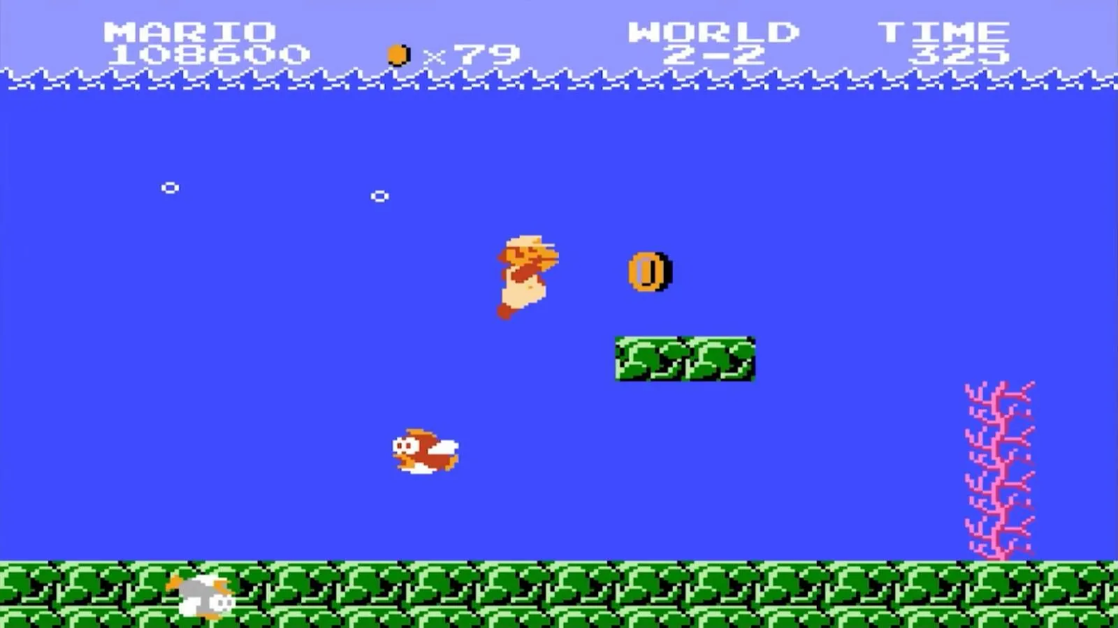 Ảnh chụp màn hình gameplay Super Mario Bros., Mario đang lặn dưới nước