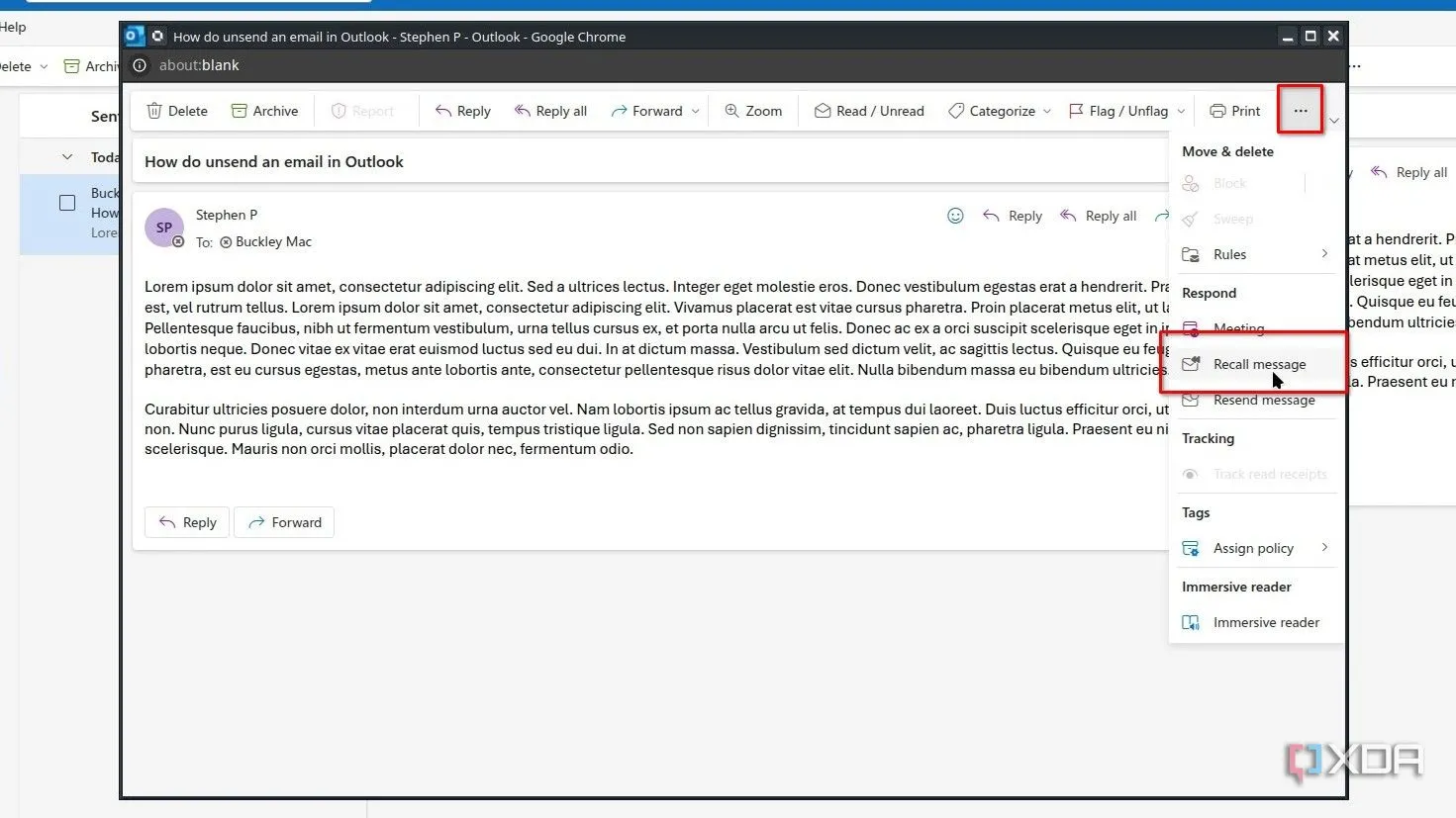 Ảnh chụp màn hình Outlook hiển thị menu ba chấm (&quot;...&quot;) mở rộng, với tùy chọn &quot;Recall Message&quot; (Thu hồi thư) được khoanh tròn và nổi bật.