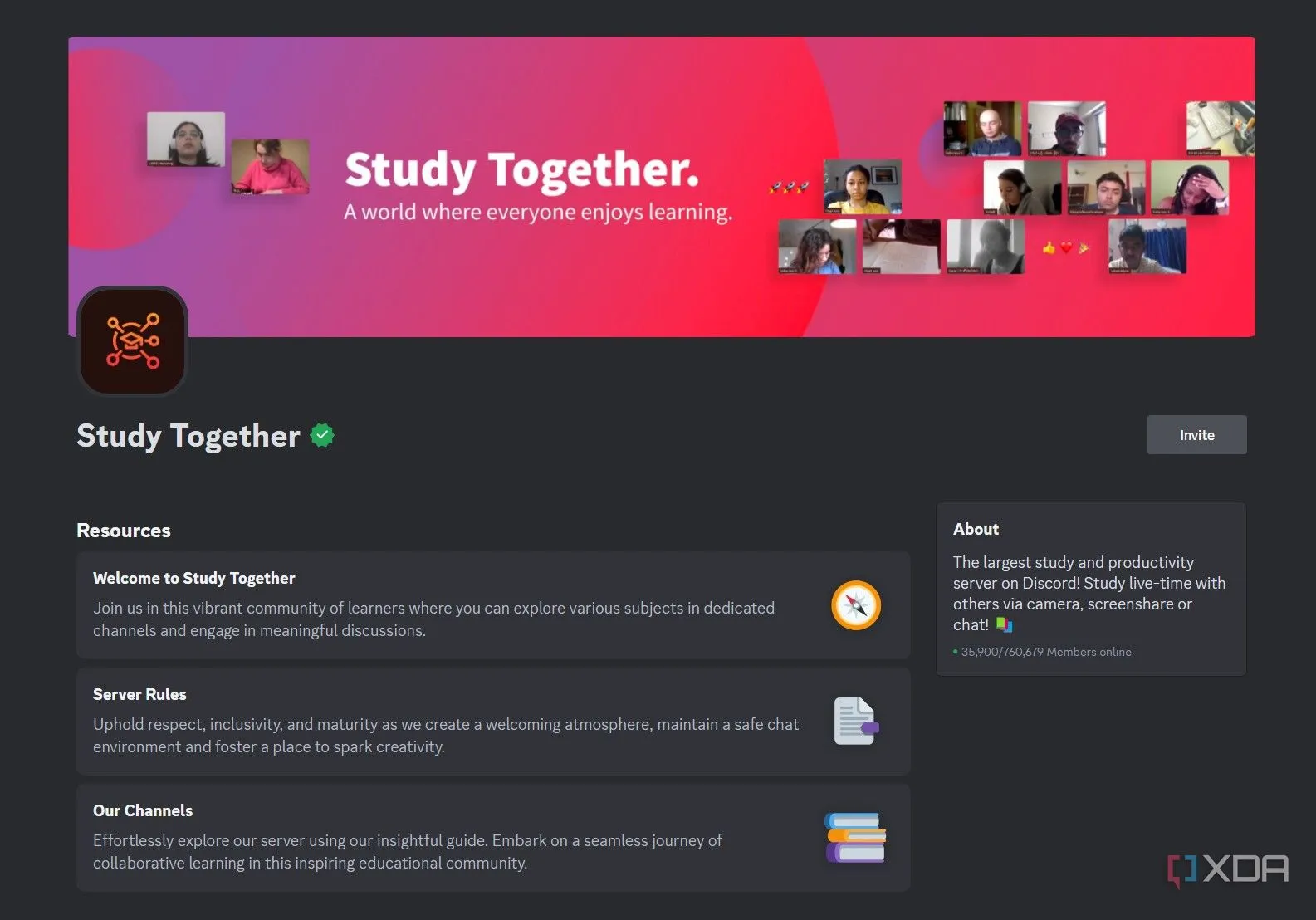 Ảnh chụp màn hình server Discord &quot;Study Together&quot;, nơi người dùng tập trung làm việc cùng nhau, nâng cao tinh thần học tập