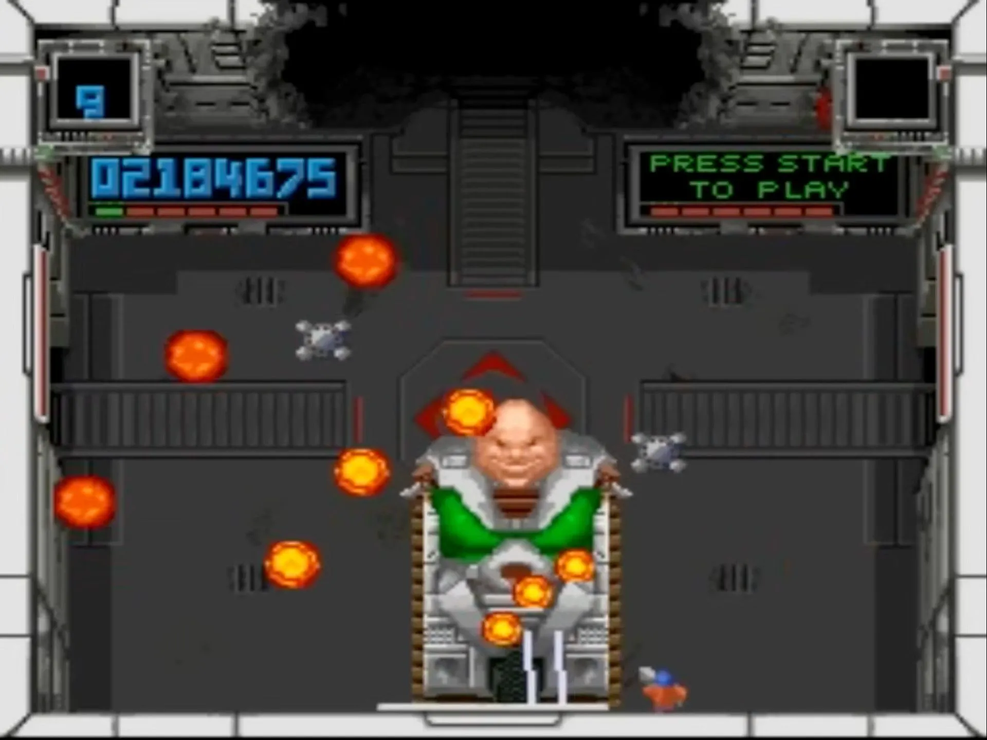 Ảnh chụp màn hình Super Smash TV, một game bắn súng arcade cổ điển trên SNES với góc nhìn từ trên xuống