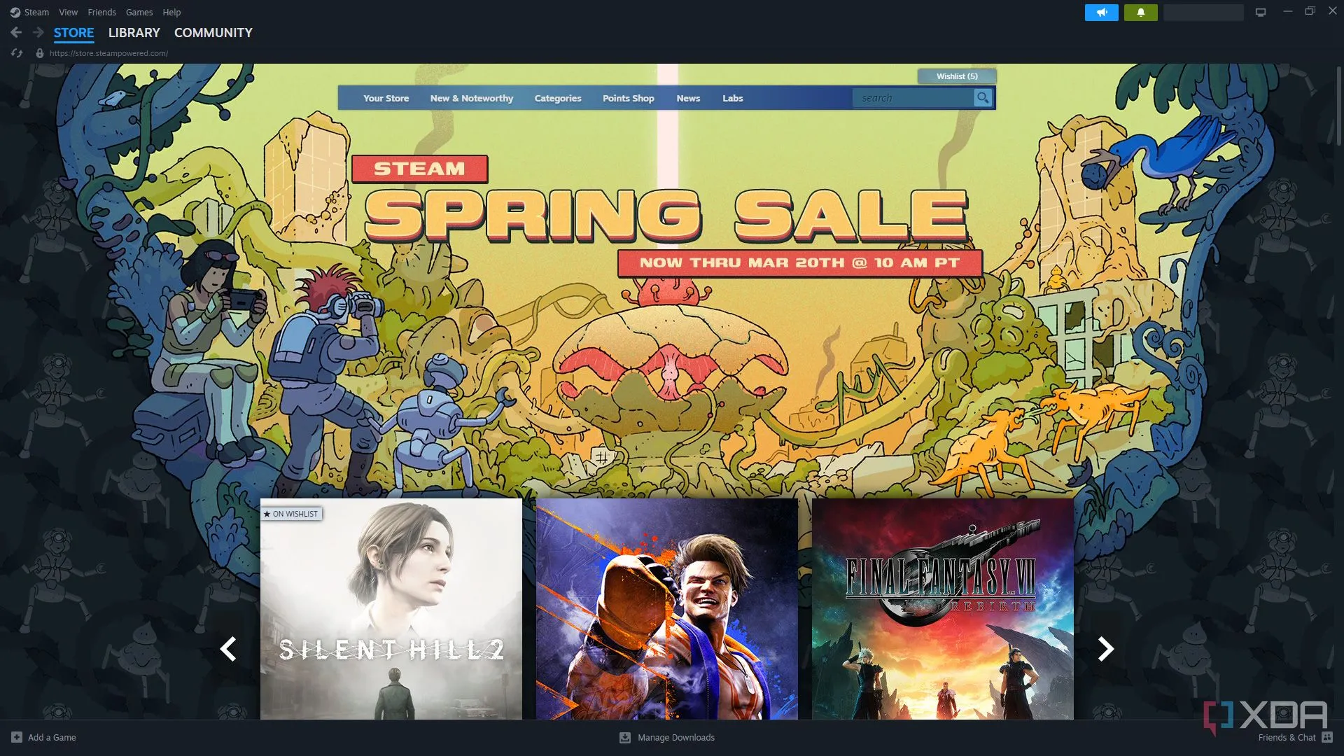 Ảnh chụp màn hình trang chủ cửa hàng Steam với quảng cáo chương trình khuyến mãi mùa xuân.
