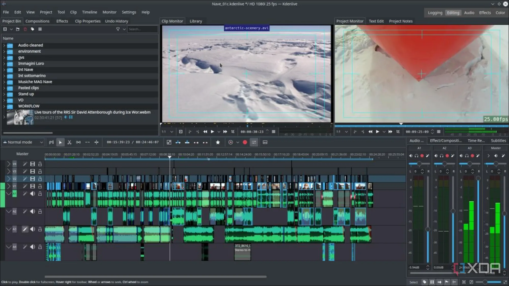Ảnh chụp màn hình trình chỉnh sửa video Kdenlive đang chỉnh sửa một đoạn video clip